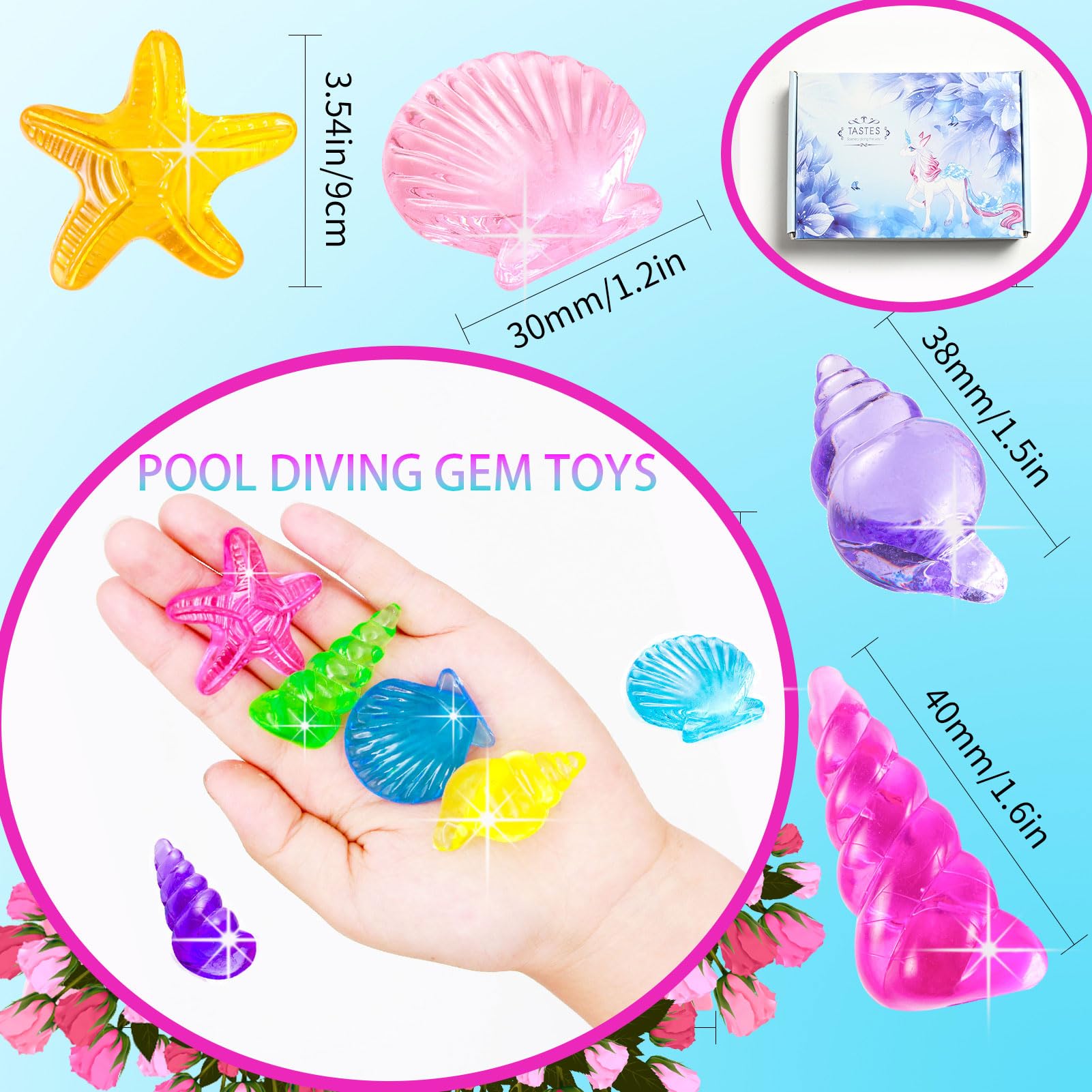 Diving Gem Pool Toys - 38 Acrylic Gems Colorful Diamonds Set Sinking Toy for Kids, Marine Gemstone Underwater Diving Swim Toys, Birthday Party Favors, Pool Games & Summer Water Activities