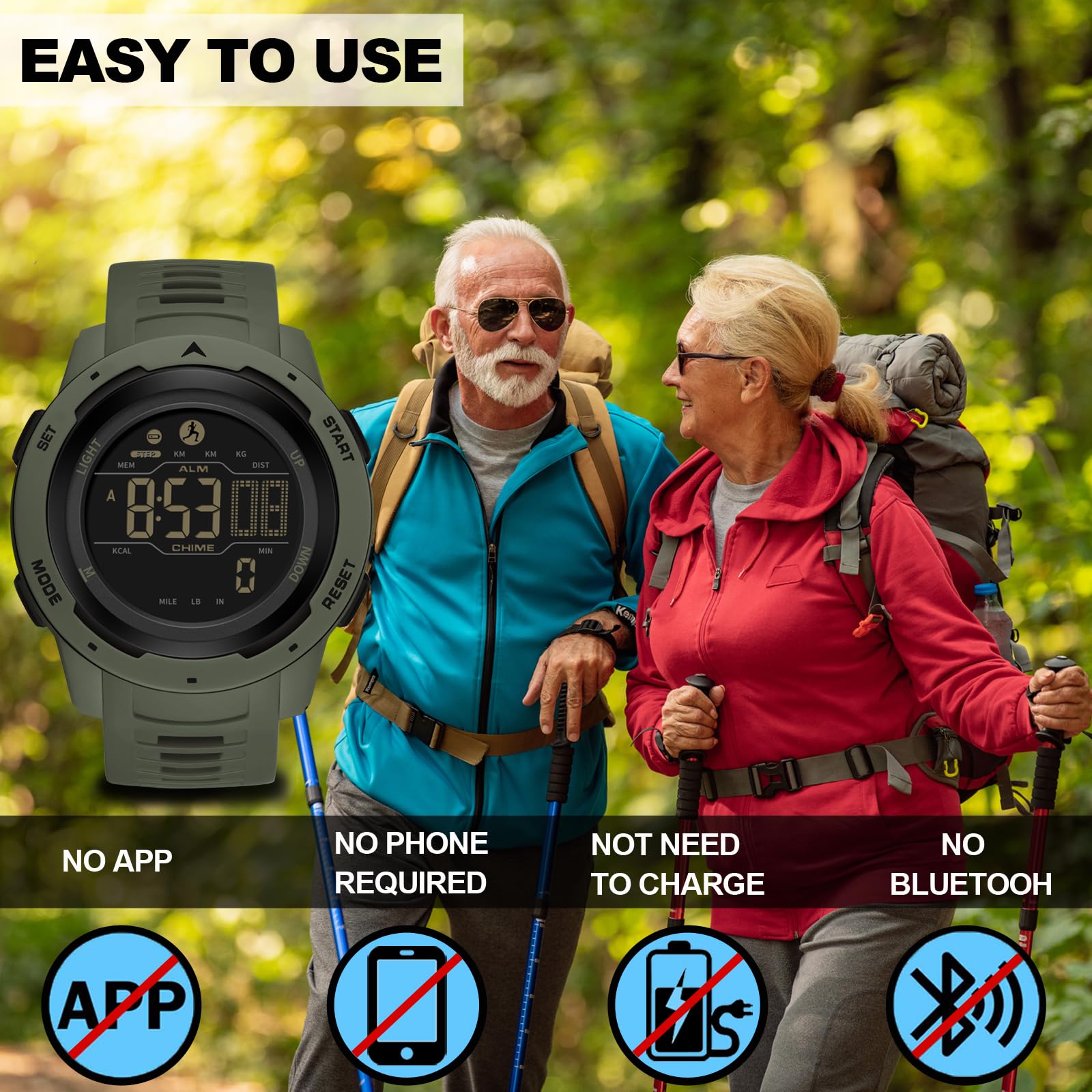 Yihou Fitness Tracker Watch - Step Counter, Calorie Tracker, Heart Rate Monitor, Waterproof Running Watch with Stopwatch, Alarm, LED Display for Men & Women - Perfect for Running, Hiking, Gym Workouts