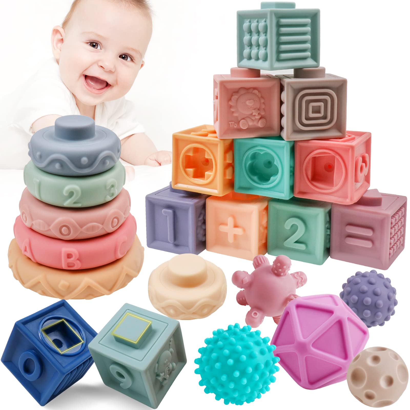 JOCHA Baby Stacking Blocks - Montessori Sensory Toys for 6-18 Months & 1-3 Years Old | Teething, Squeeze, Learning Educational Toys with Shapes, Numbers, Fruits & Textures | Perfect for Bath Time, Playtime & Early Childhood Development