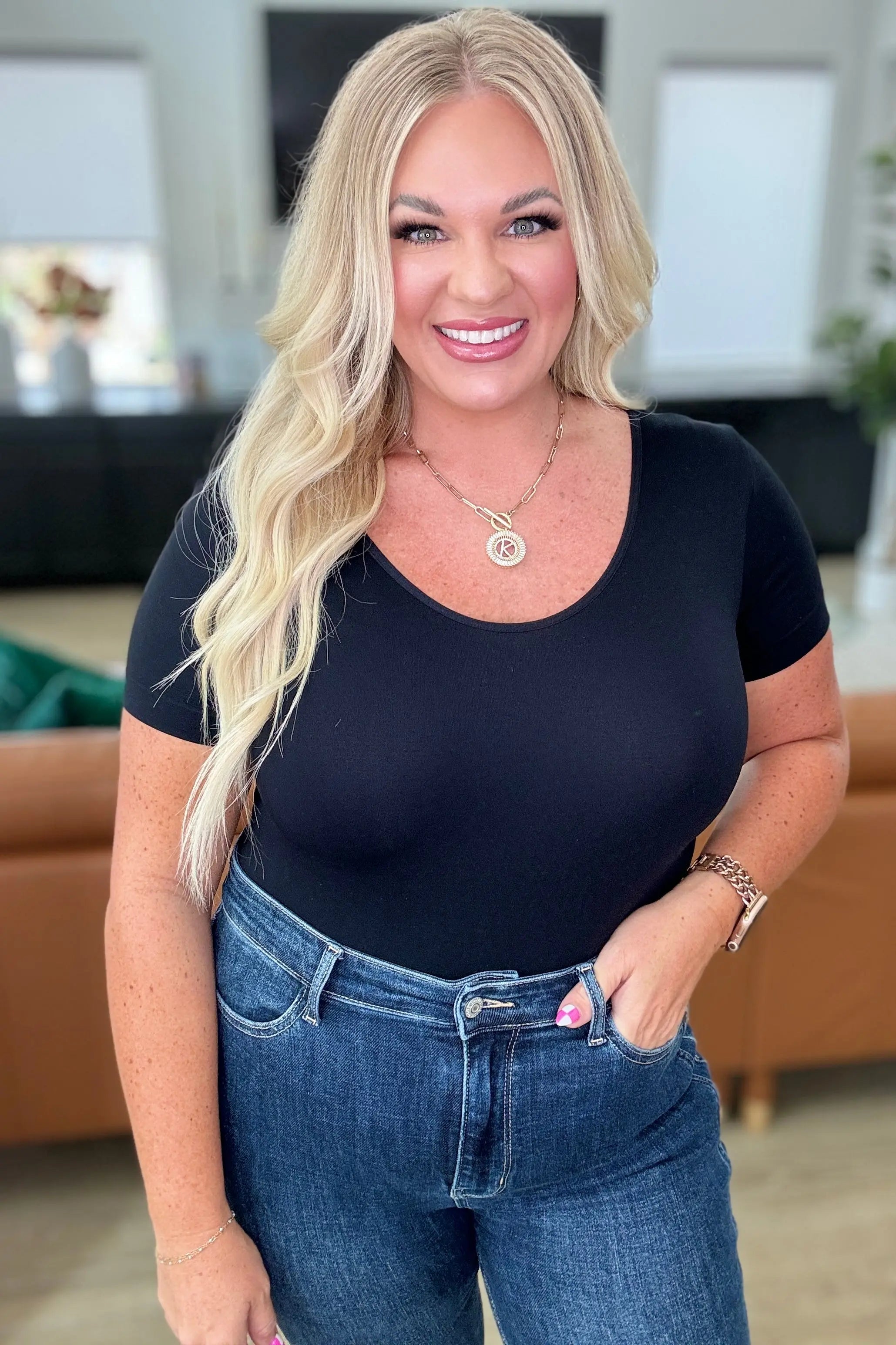 Black Scoop Neck Short Sleeve Bodysuit for Women - Comfortable Everyday Basic Top for Layering, Casual Outfits & Work Wear
