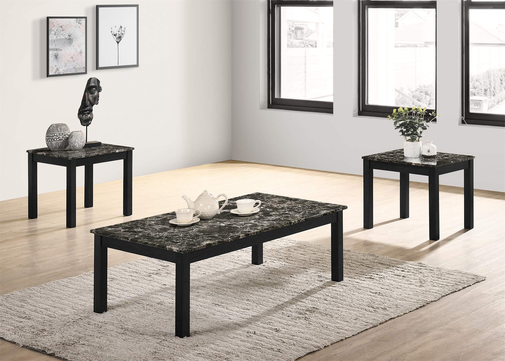 Black Faux Marble Coffee Table Set - 3 Piece Modern Living Room Furniture for Small Spaces | Perfect for Apartments, Condos & Home Decor