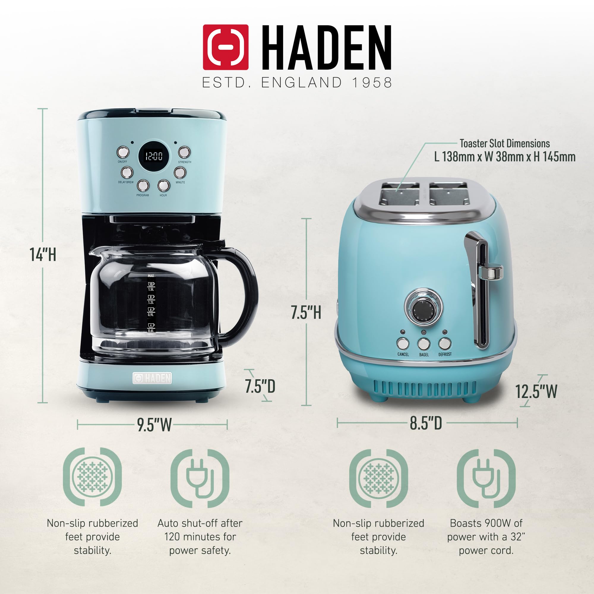 HADEN Heritage 12-Cup Programmable Vintage Coffee Maker & 2-Slice Stainless Steel Toaster Set - Retro Kitchen Appliances for Home, Office, or Cafe - Turquoise