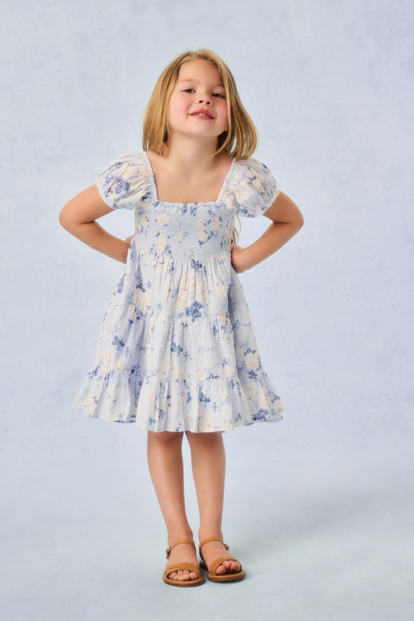 Muriella Floral Print Dress for Girls - Whisper Blue | Casual & Party Wear | Perfect for School, Playdates & Special Occasions