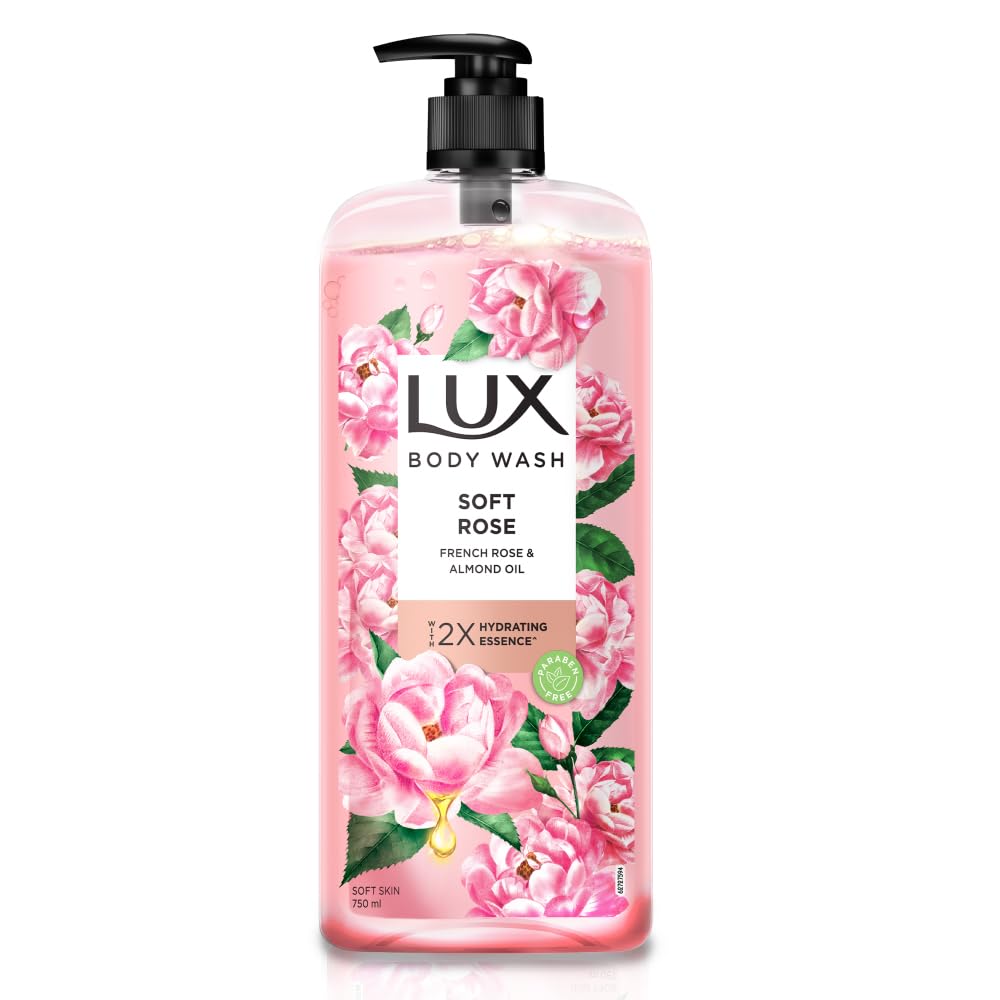 Lux Body Wash for Soft Skin - French Rose & Almond Oil, Paraben-Free with Glycerin, Extra Foam & Long-Lasting Fragrance, 750ml XL Pump Bottle | Moisturizing Shower Gel for Dry Skin, Daily Bath & Relaxation