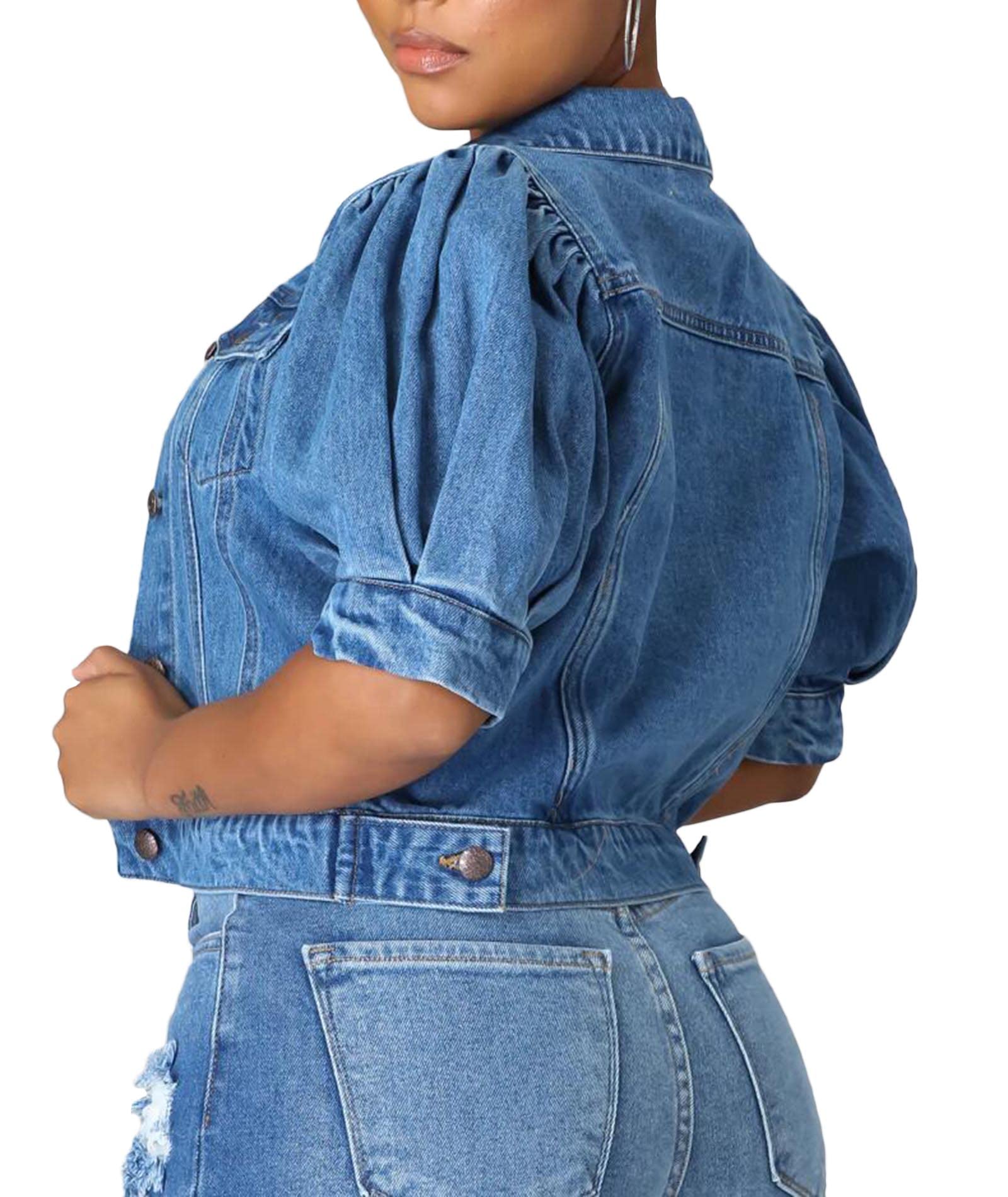 SOMTHRON Women's Cropped Denim Jacket - Short Sleeve Puff Sleeve Button Down Jean Coat - Stylish Crop Top Outerwear for Spring & Summer Fashion - Perfect for Casual Outings, Music Festivals and Streetwear Looks