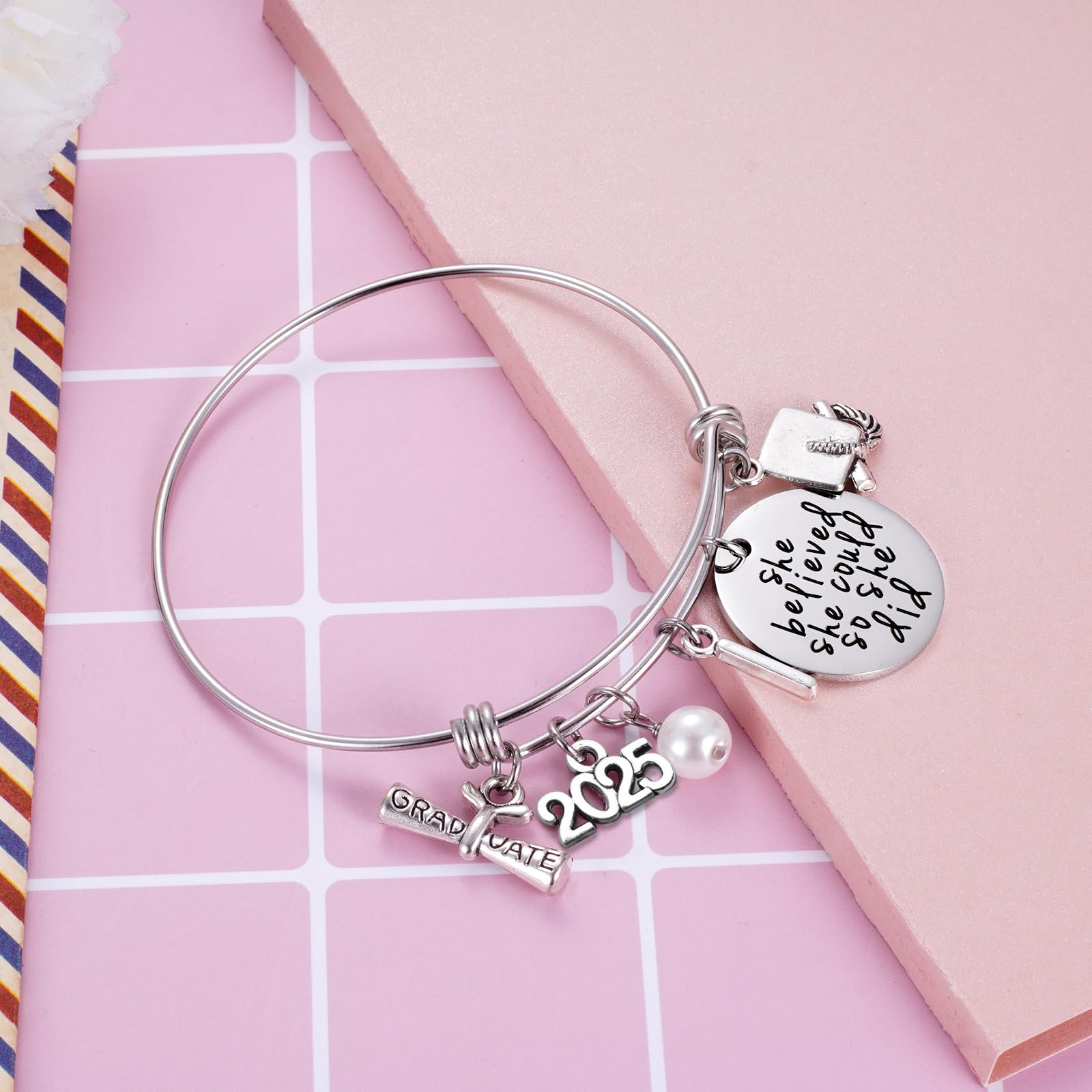 Ukodnus Class of 2025 Graduation Bracelet - Inspirational Gift for High School & College Graduates - Personalized 26 Initial Charm Bracelet for Women - Perfect Graduation Party, Senior Year Keepsake & Achievement Celebration Gift