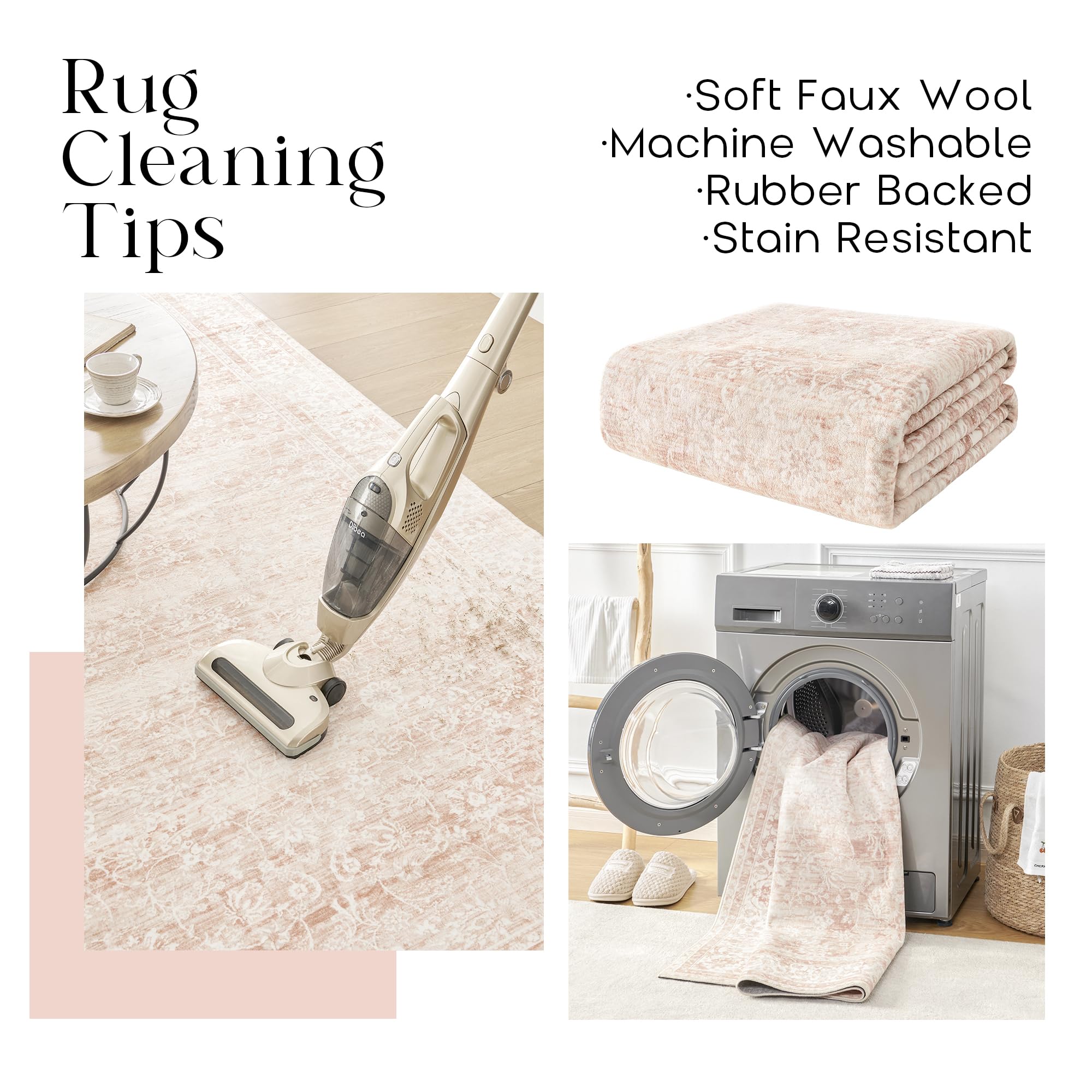 BILEEHOME 5x8 Washable Soft Faux Wool Nursery Rug - Neutral Blush Pink Boho Floral Baby Girl Rug for Living Room, Bedroom & Nursery | Perfect for Playtime, Nursery Decor & Cozy Home Accents