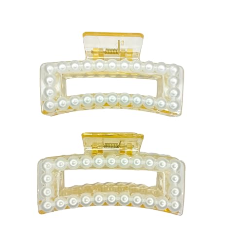 Trendy Korean Pearl Rectangle Hair Claw Clips - 2 Pack White & Beige Hair Clips for Women & Girls | Thick Hair Jaw Clutches | Perfect for Updos, Ponytails & Everyday Hairstyles