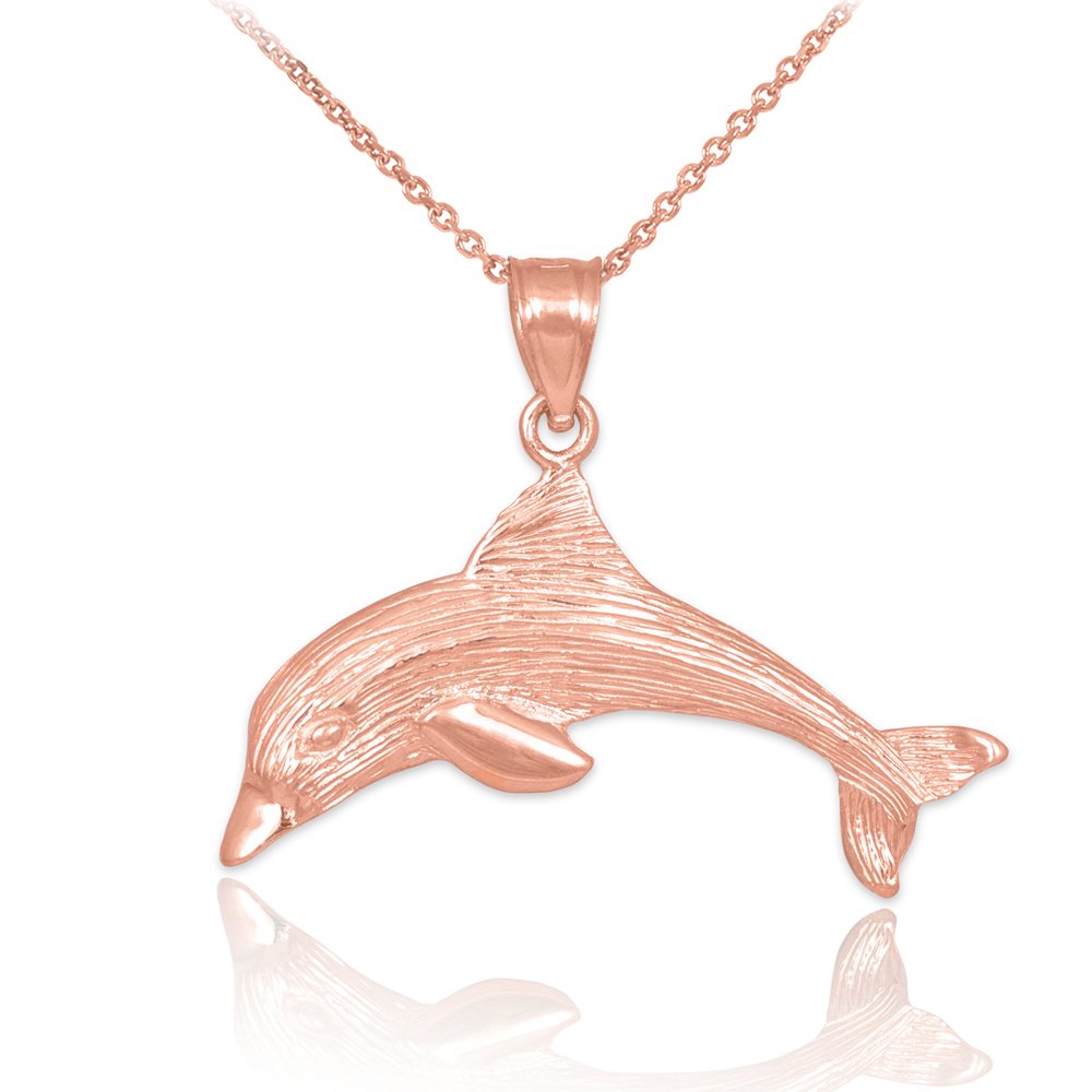 10K Rose Gold Textured Dolphin Charm Pendant Necklace for Women - Elegant Ocean Jewelry Gift for Birthday, Anniversary & Beach Vacations