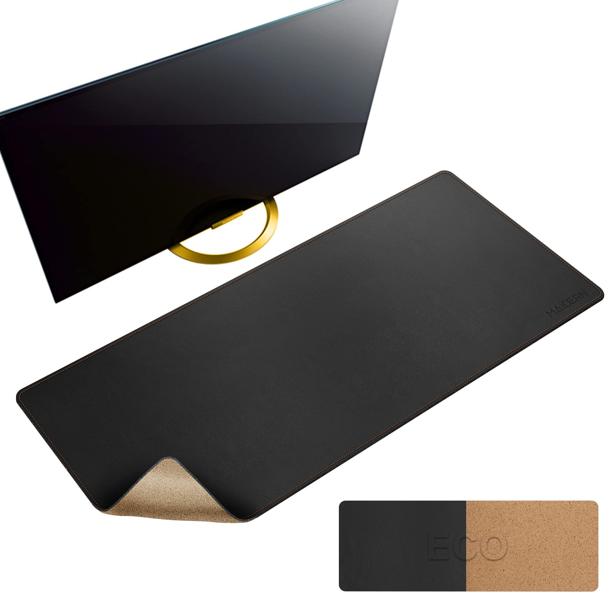 MAIDERN 40 x 16 Inch Extra Large Cork & Leather Desk Pad - XXL Reversible Desk Mat with Mouse Pad Area - Premium Office Desk Protector for Gaming, Writing & Computer Work (Black) - Perfect for Home Office, Study & Workspace Organization