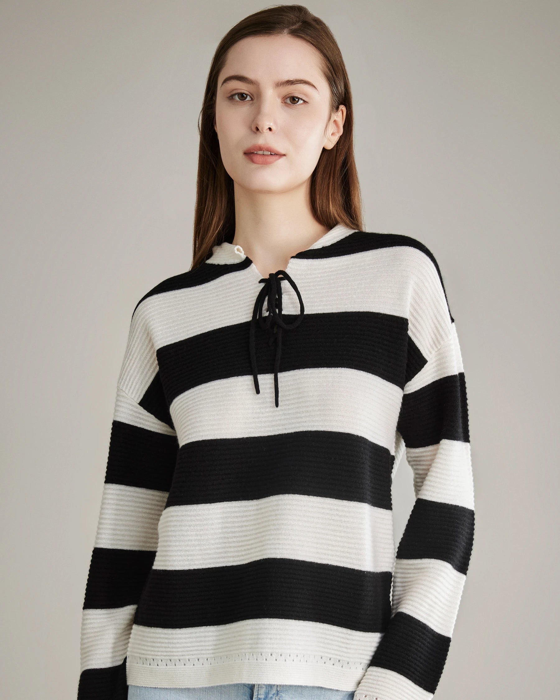 Elegant Striped Lace-Up Cashmere Sweater for Women - Soft Winter Pullover for Office & Date Nights