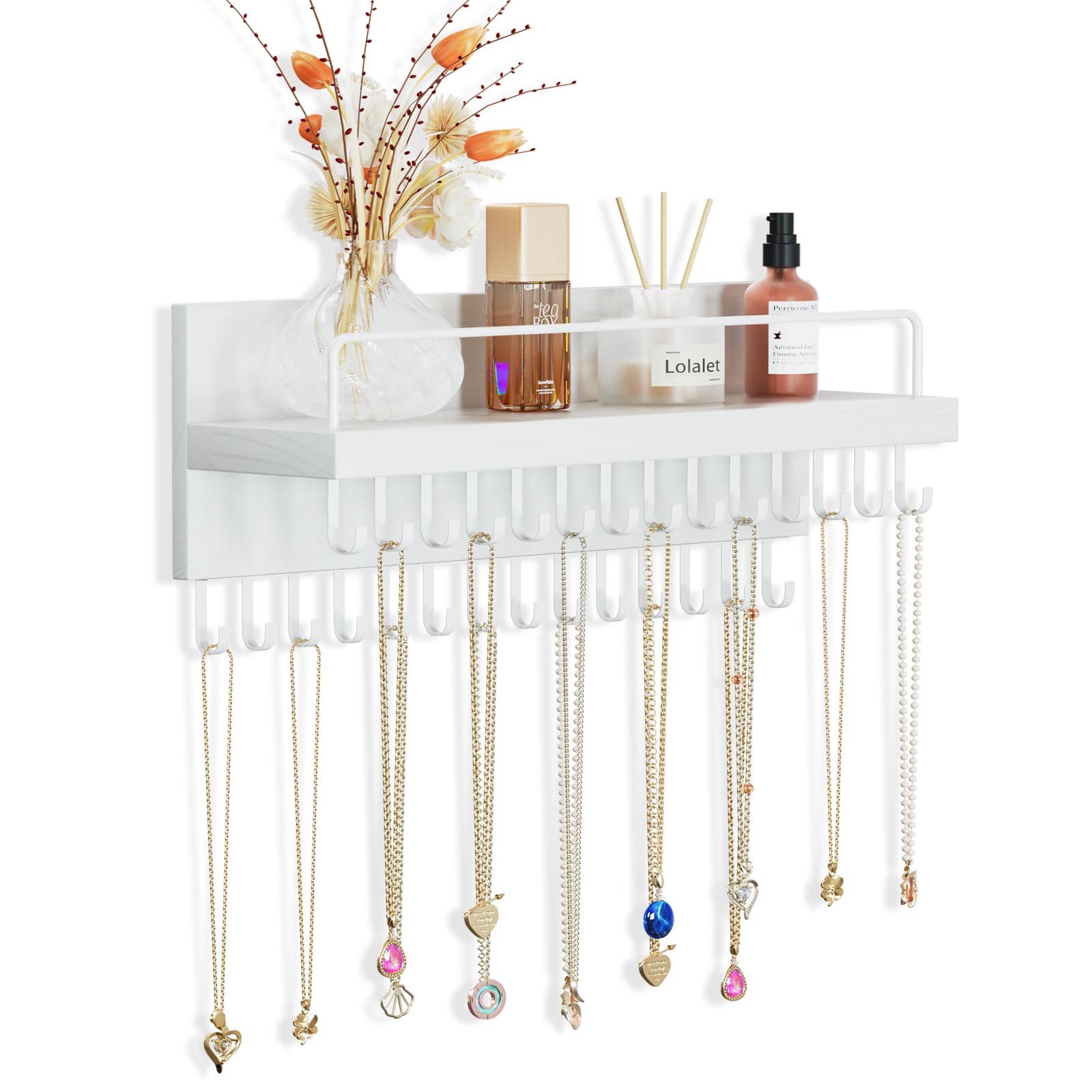 Lolalet Wooden Wall Mounted Necklace Holder with 28 Hooks & Perfume Shelf - Jewelry Organizer for Necklaces, Bracelets & Accessories - Perfect for Bedroom, Bathroom & Closet Organization (White)