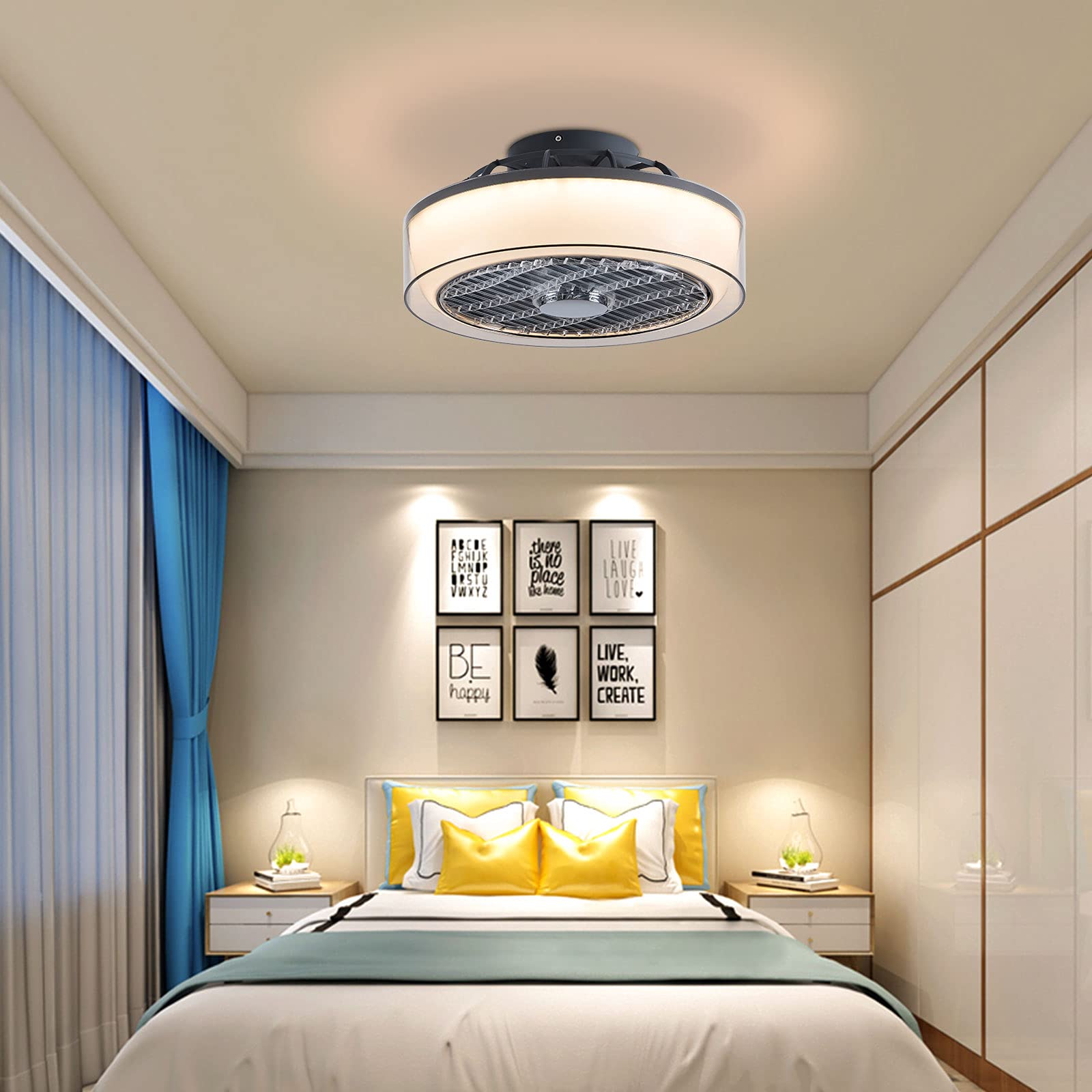 Dimmable 15 Inch Semi Flush Mount Ceiling Fan with Light & Remote Control - 3-Speed Low Profile Fandelier with Hidden Blades for Bedroom, Living Room & Nursery (White) - Perfect for Modern Home Cooling & Stylish Lighting