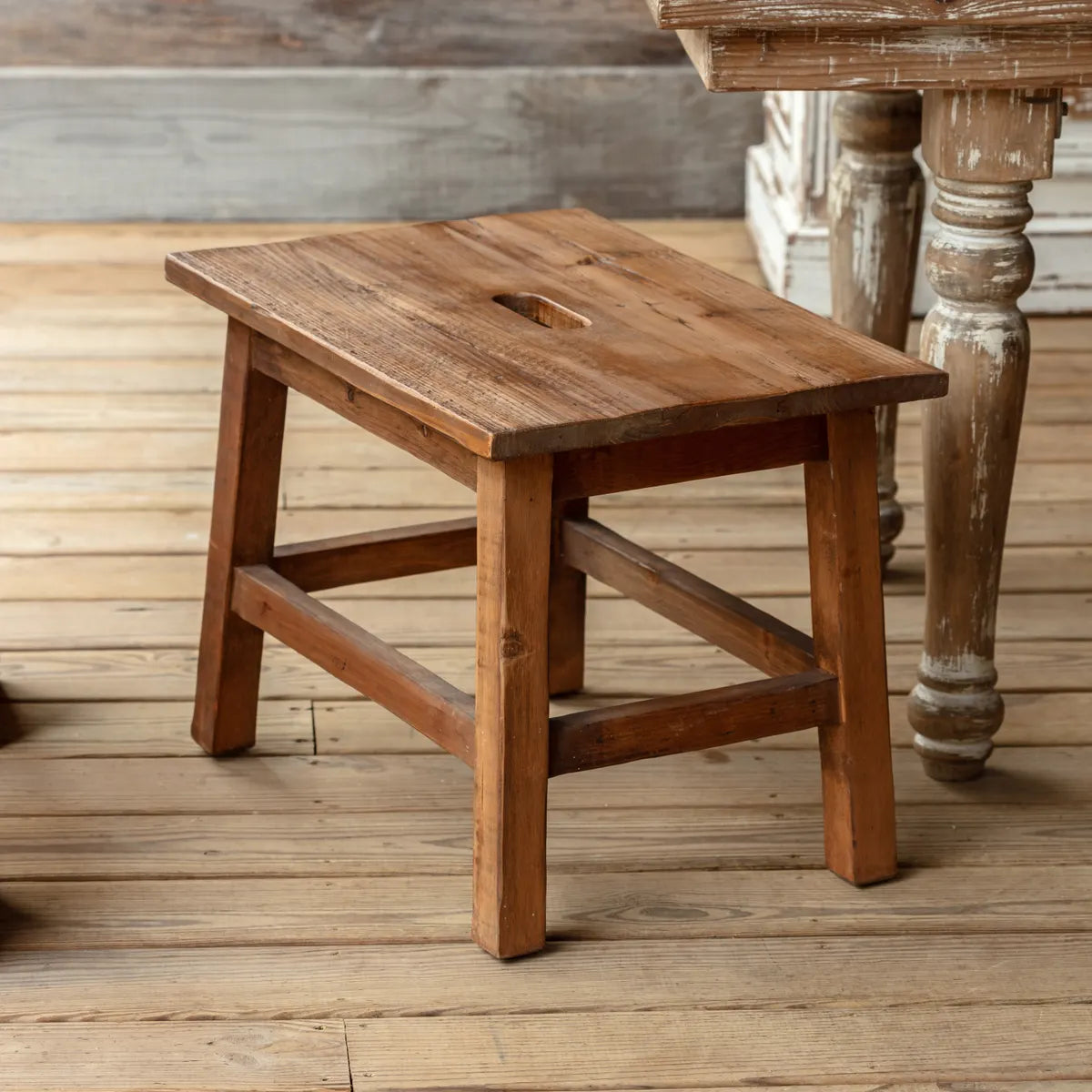 Rustic Farmhouse Stool - Wooden Bar Stool with Backrest, Vintage Home Decor for Kitchen, Dining Room & Outdoor Use