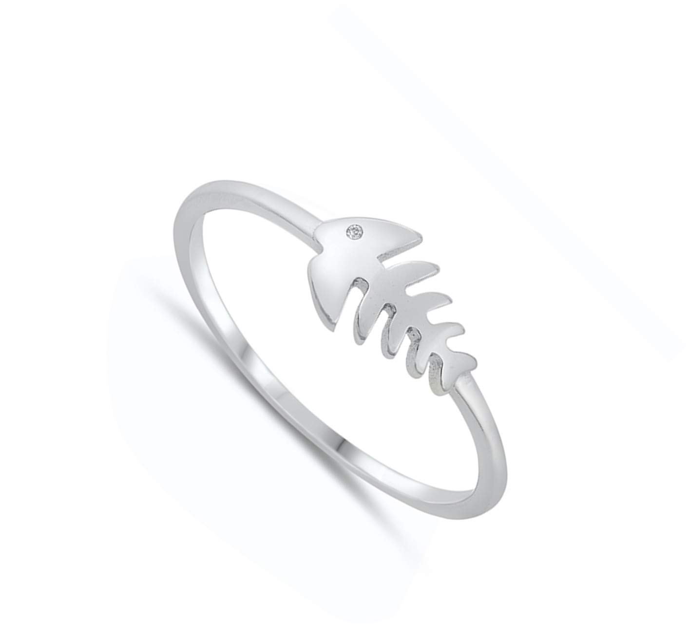 Polished Fish Skeleton Bone Ring - .925 Sterling Silver Band (Sizes 4-10) - Unique Gothic Jewelry for Men & Women - Perfect for Halloween, Cosplay and Alternative Fashion
