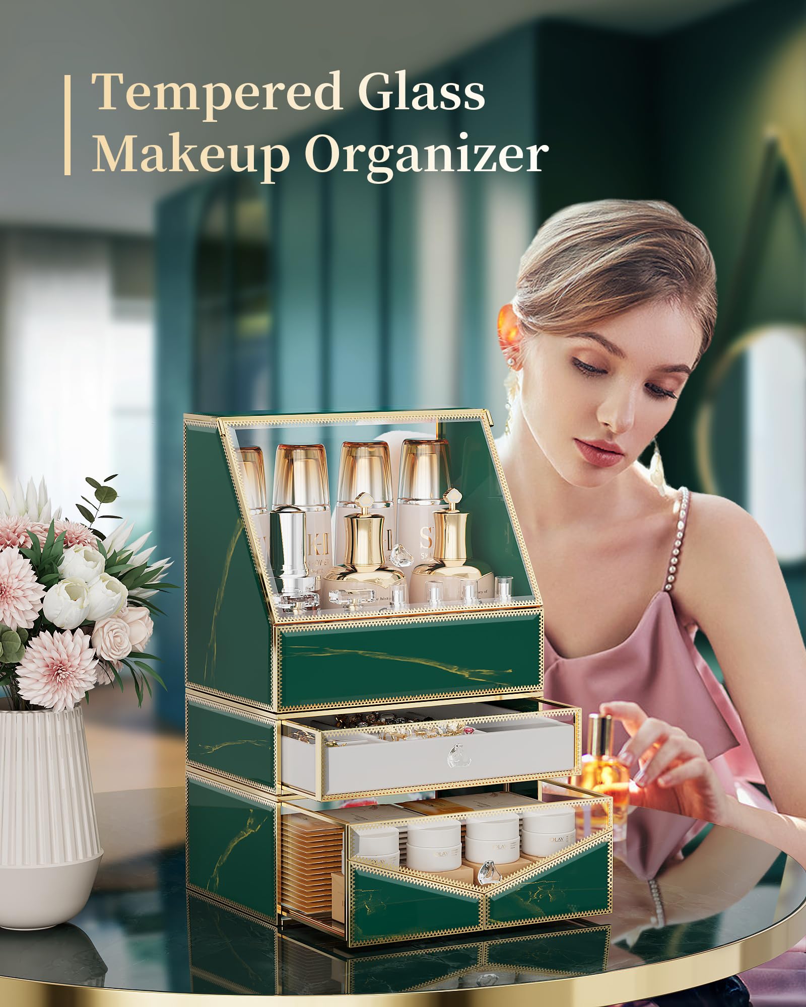 Premium Stackable Tempered Glass Makeup Organizer for Vanity & Bathroom - Cosmetic, Skincare, Jewelry, Lipstick, Perfume & Brush Storage | Perfect for Countertop Organization & Small Space Solutions