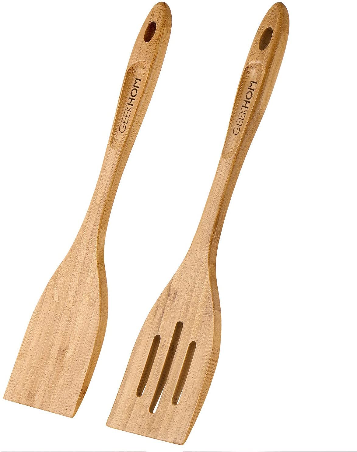 GEEKHOM 2-Pack 13 Inch Bamboo Spatulas for Nonstick Cookware - Wooden Kitchen Utensils for Cooking, Flipping Pancakes, Fish & Eggs - Eco-Friendly Slotted Wok Turner for Sauteing, Stir-Frying & Serving