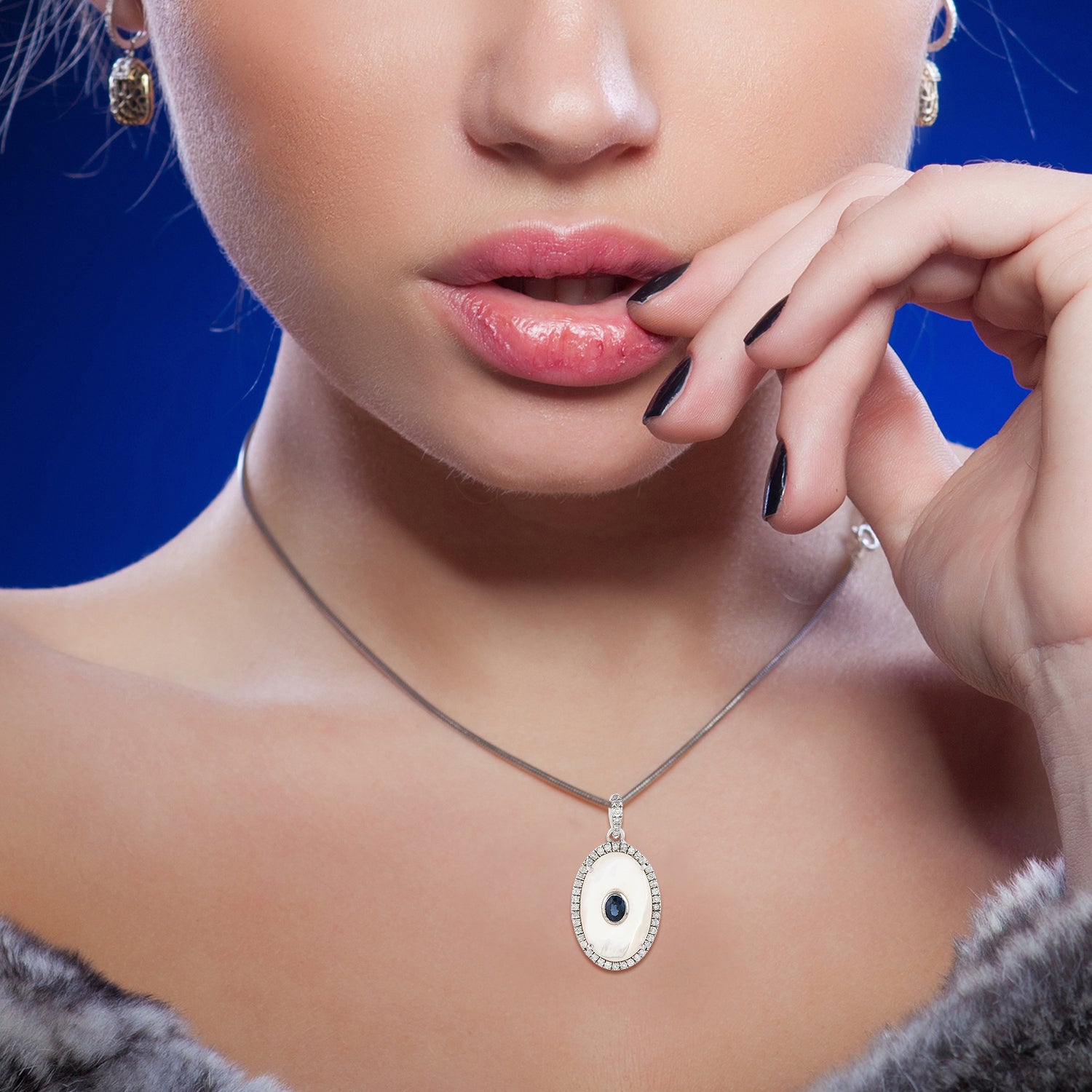 Blue Sapphire Oval Cut Pearl Pave Diamond Evil Eye Pendant in 18K White Gold - Elegant Protection Jewelry for Women, Perfect for Gifts, Weddings & Everyday Wear