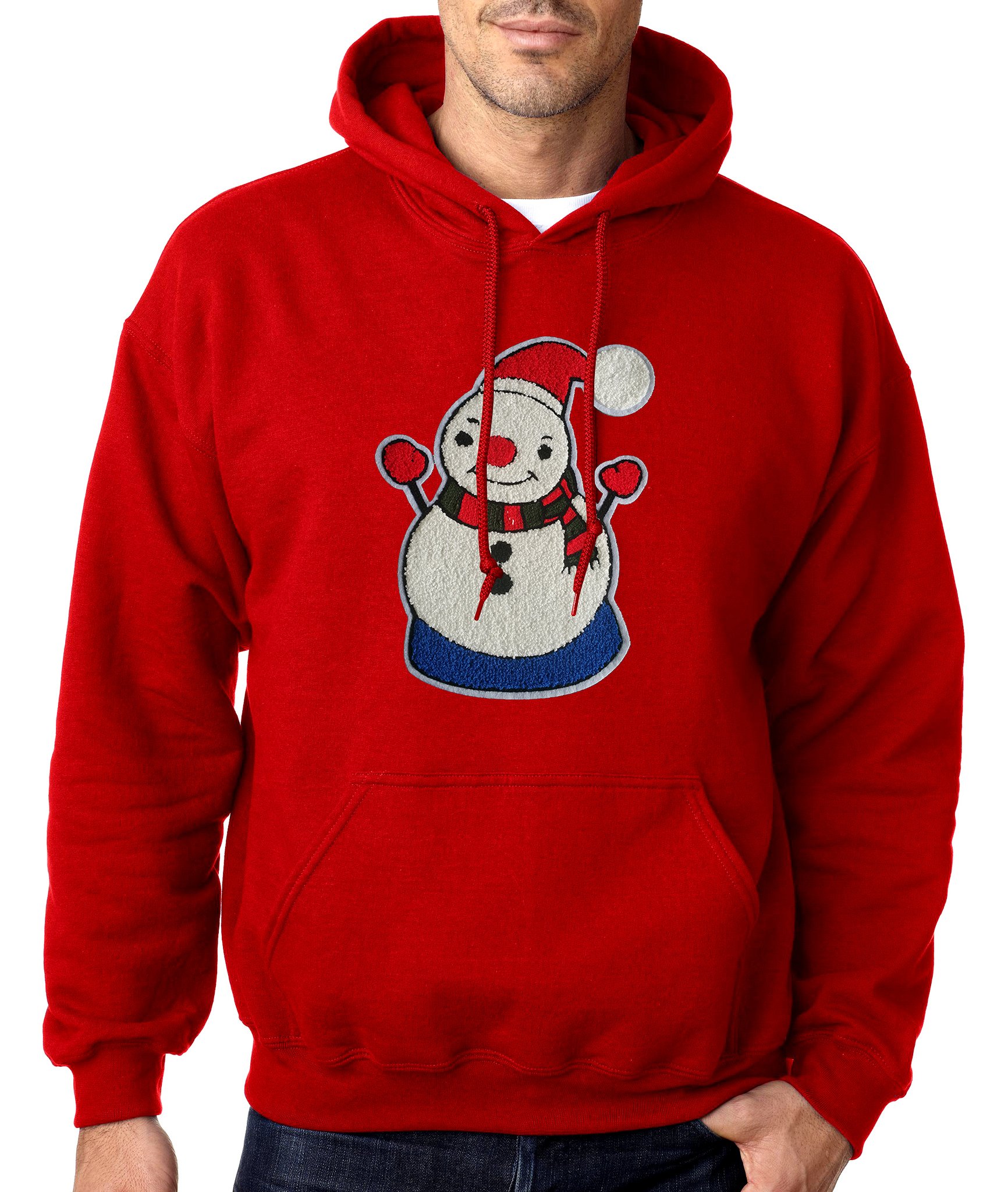 Men's Cozy Plush Christmas Snowman Red Pullover Hoodie Sweater - Festive Holiday Sweatshirt for Xmas Parties, Family Gatherings & Winter Outfits