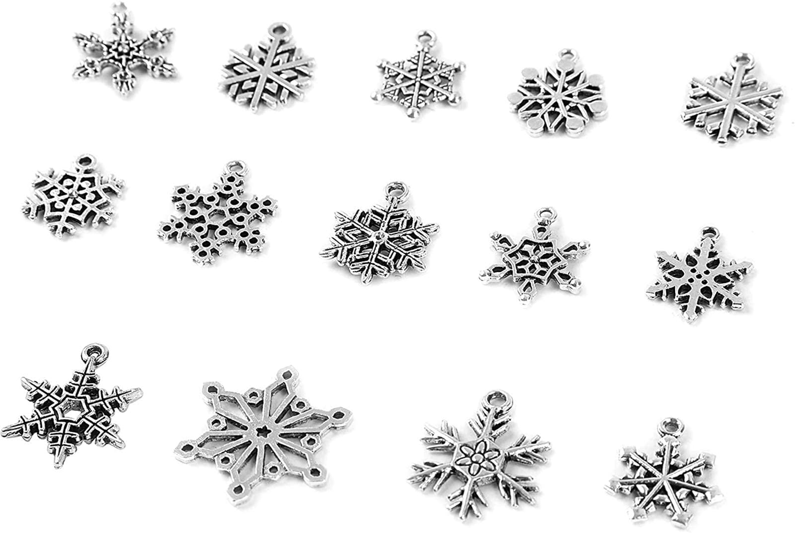 SANNIX 140pcs Snowflake Silver Charms - Christmas Snowflake Pendants for DIY Jewelry Making, Necklace & Bracelet Crafting - Antique Silver Charms in 14 Styles - Perfect for Holiday Gifts, Christmas Decorations & Winter-Themed DIY Projects