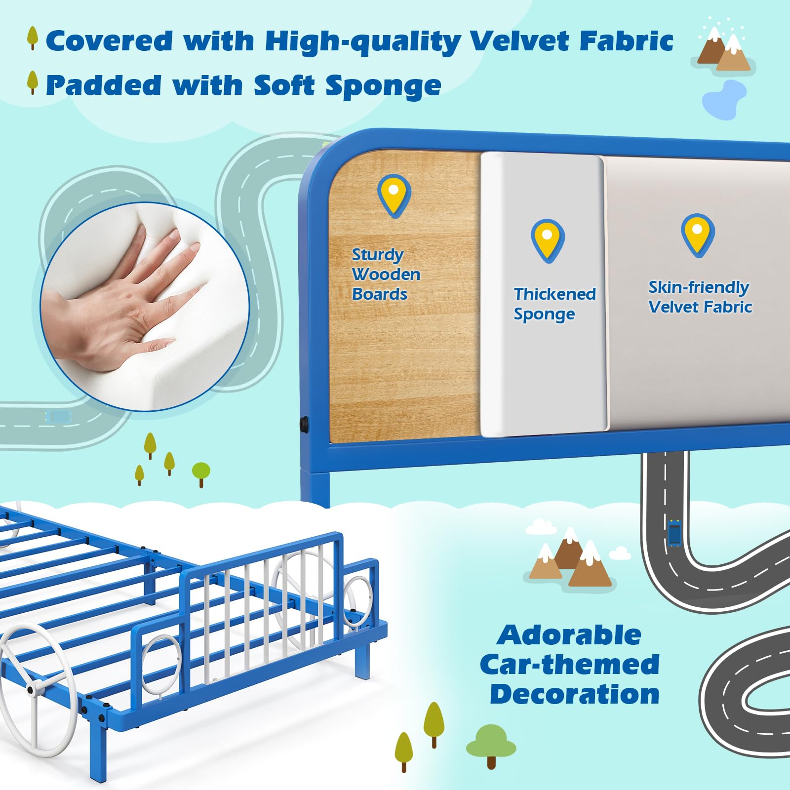Costzon Twin Bed Frame for Kids - Sturdy Metal Platform with Slat Support, Padded Headboard & Footboard | No Box Spring Required | Easy Assembly | Fits Standard Twin Mattress (Racing Car Design) | Perfect for Kids' Bedrooms, Dorm Rooms & Guest Rooms