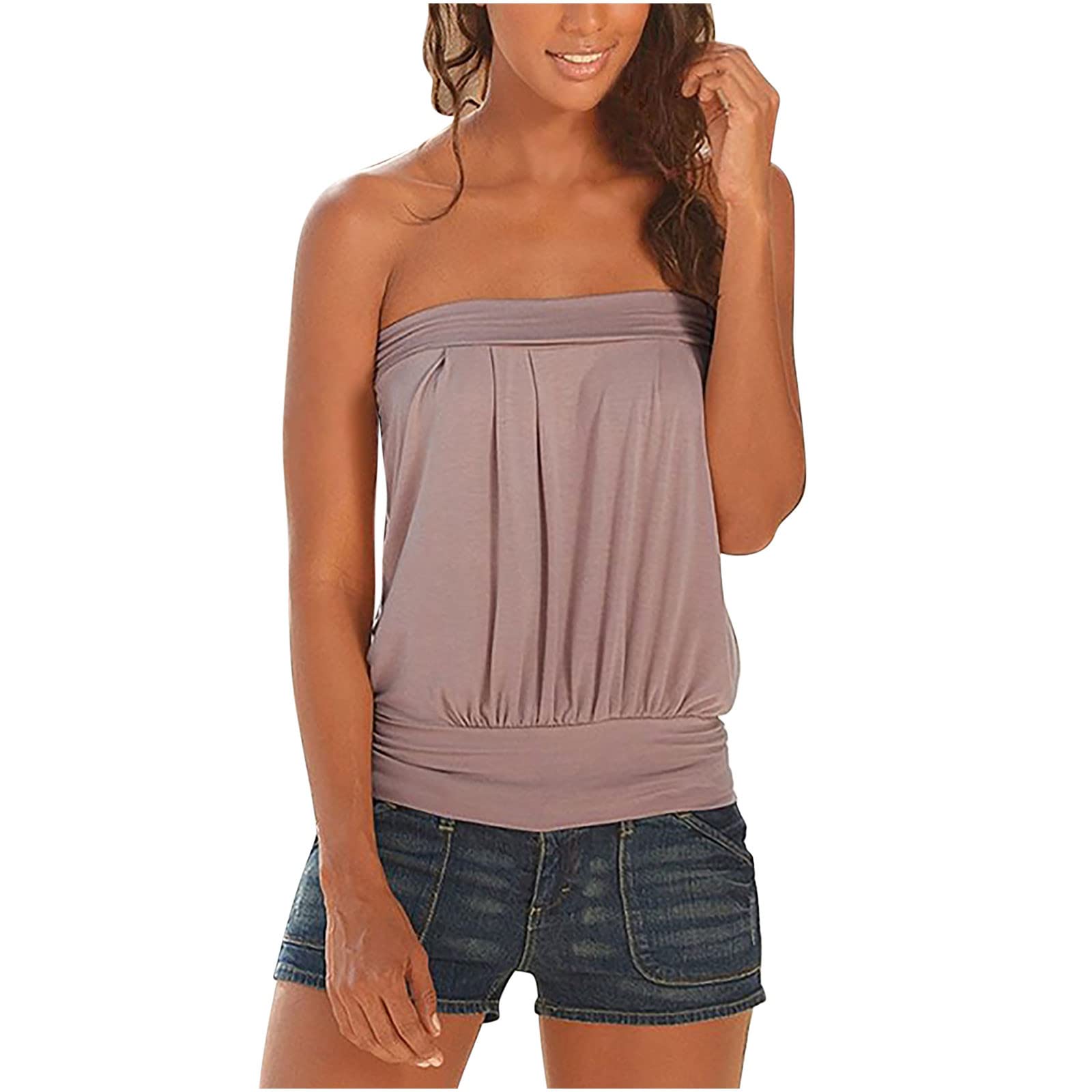 Trendy 2022 Women's Summer Casual Strapless Tube Tops - Sexy Off Shoulder Flowy Blouse for Beach, Vacation & Holiday Outfits