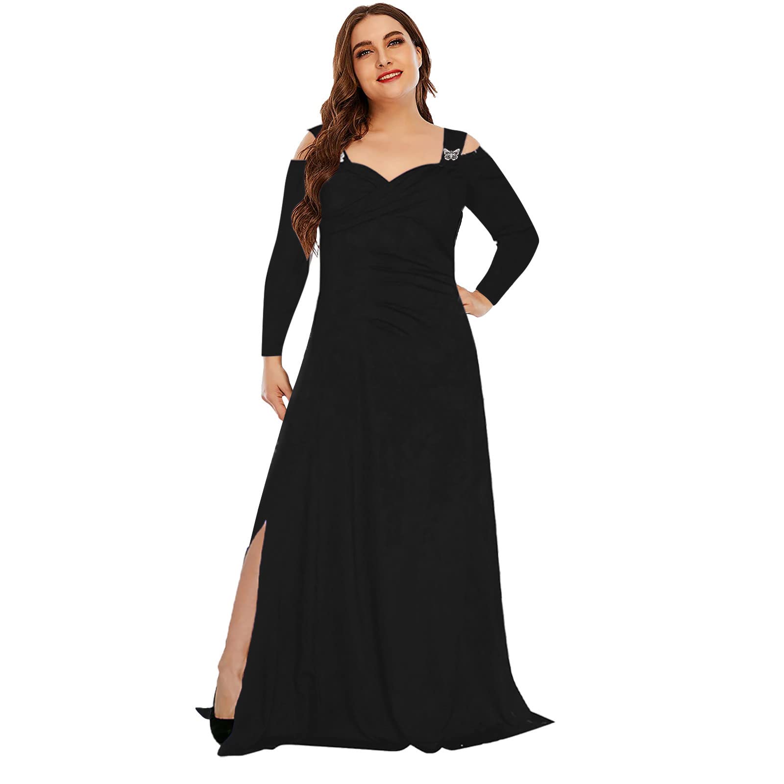 SHOPESSA Plus Size Wrap Dress for Women - Elegant Cold Shoulder Formal Maxi Dress with Long Sleeves & V-Neck | Perfect for Wedding Guest, Cocktail Party & Special Occasions