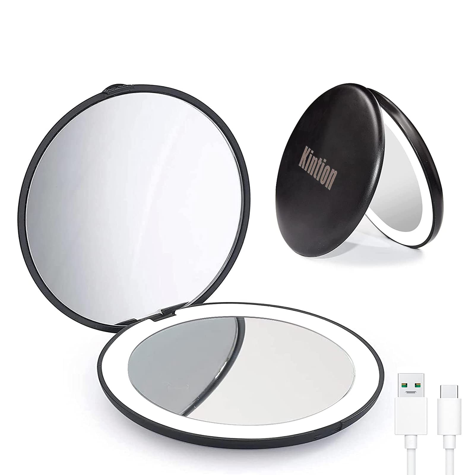 Kintion Rechargeable LED Compact Mirror with 1X/10X Magnification - Portable Folding Travel Makeup Mirror for Women, 2-Sided Handheld Round Purse Mirror with Light - Perfect for Home, Travel, and On-the-Go Touch Ups (Black)