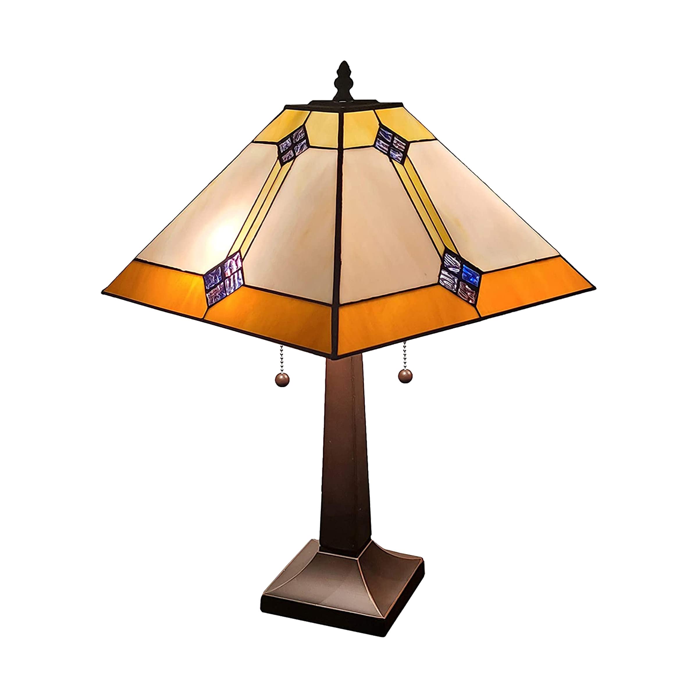 Vintage Tiffany Style Table Lamp - Geometric Diamond Design Night Light - Yellow & Brown Stained Glass Nightstand Lamp - 21 Inch Tall - Perfect for Bedroom, Living Room, Office Decor