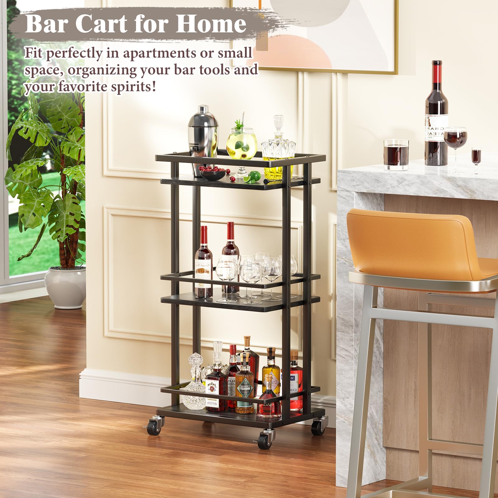 3 Tier Rolling Bar Cart - Portable Mini Liquor Cabinet for Wine, Beverages & Dinner Parties | Kitchen Storage Island & Serving Cart with Wheels | Coffee Bar Station for Living Room, Dining & Kitchen | Black | Perfect for Home Entertaining & Small Space Storage