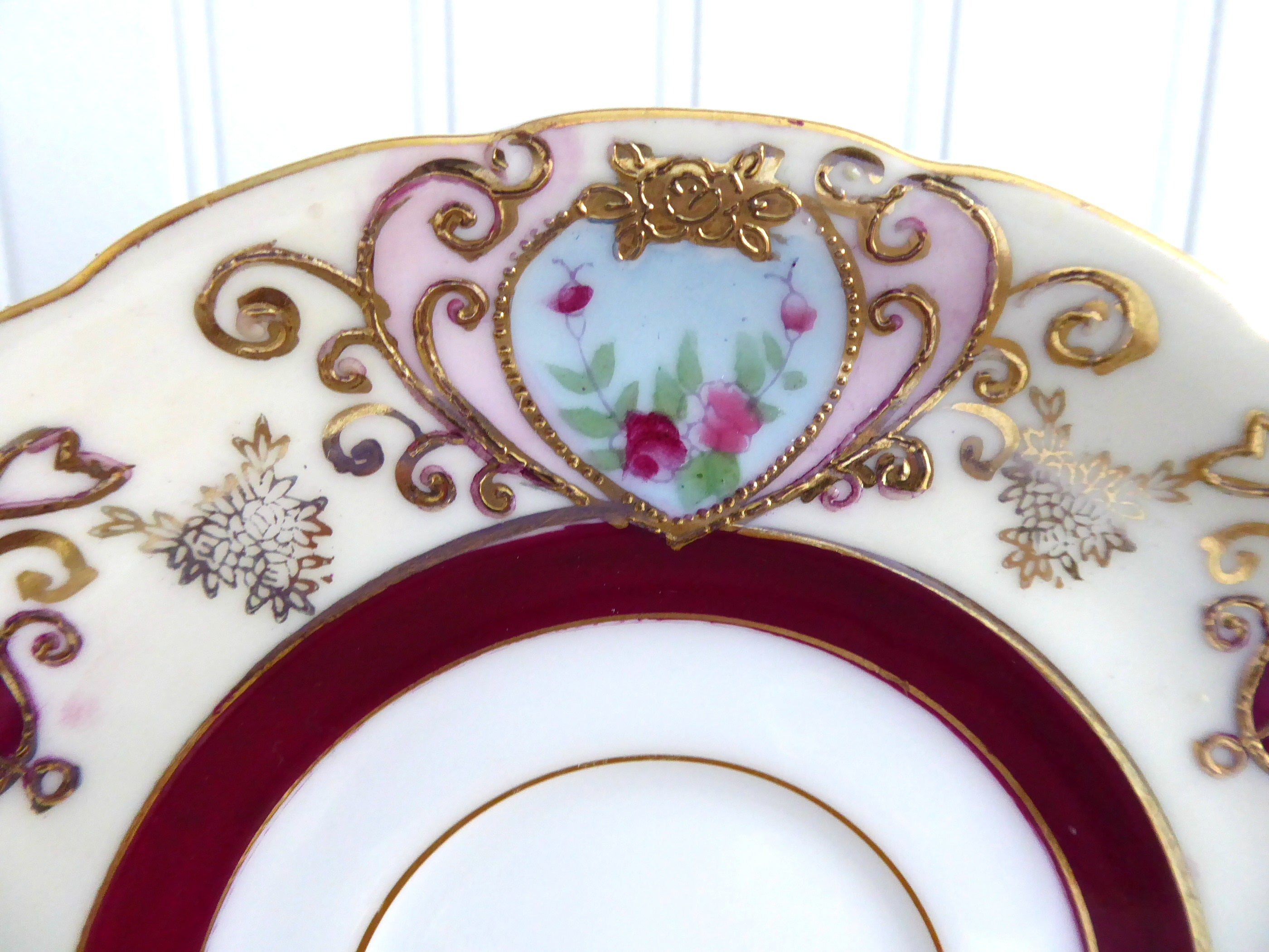 Vintage 1950s Japanese Hand-Painted Cup and Saucer Set - Maroon, Pink & Gold Heart Bouquet Design | Elegant Tea Time, Collectible Tableware, Gift for Tea Lovers