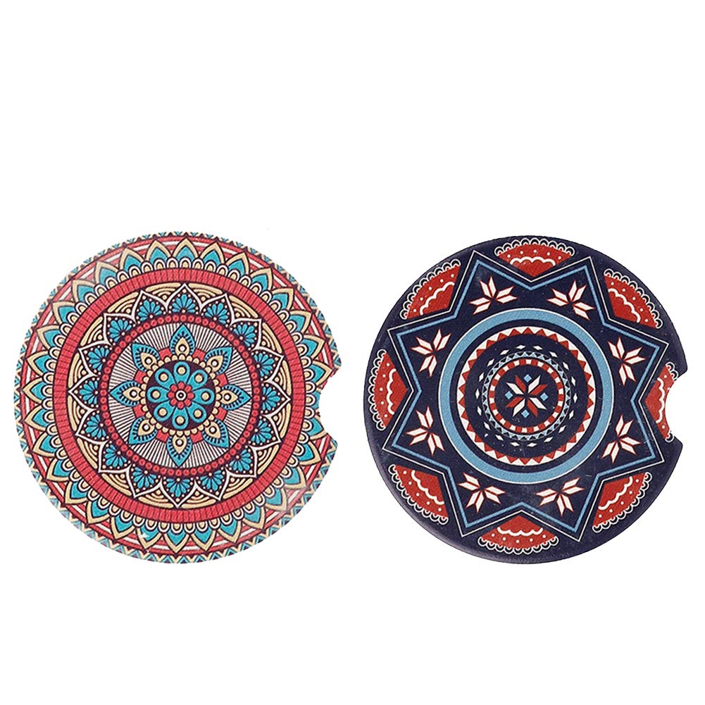 2 Pack Absorbent Mandala Ceramic Car Coasters - Non-Slip Drink Coasters for Car Cup Holders | Car Accessories & Decor for Women | Perfect for Road Trips, Commuting & Coffee Lovers