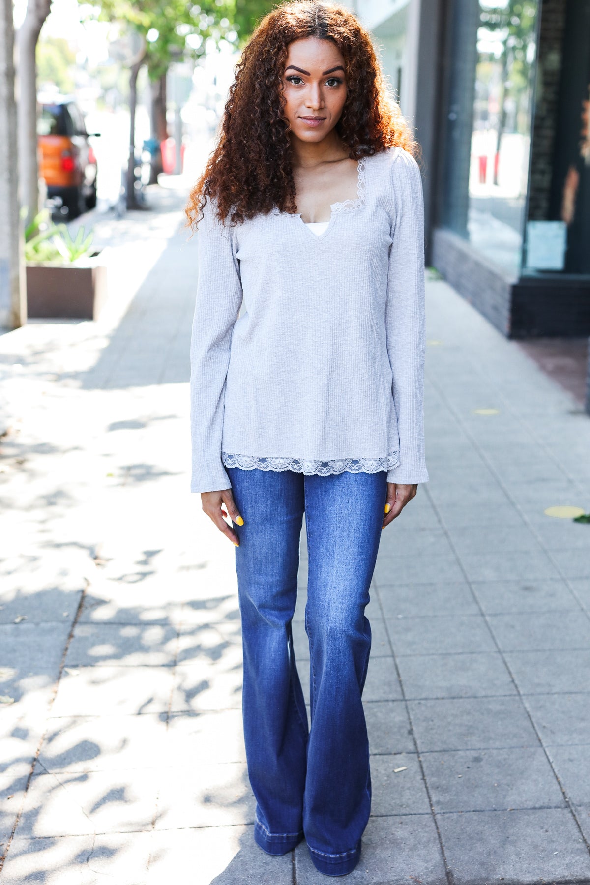 Feels Like Love Grey Lace Trim Ribbed Long Sleeve Top for Women | Elegant Casual Blouse for Date Night & Office Wear