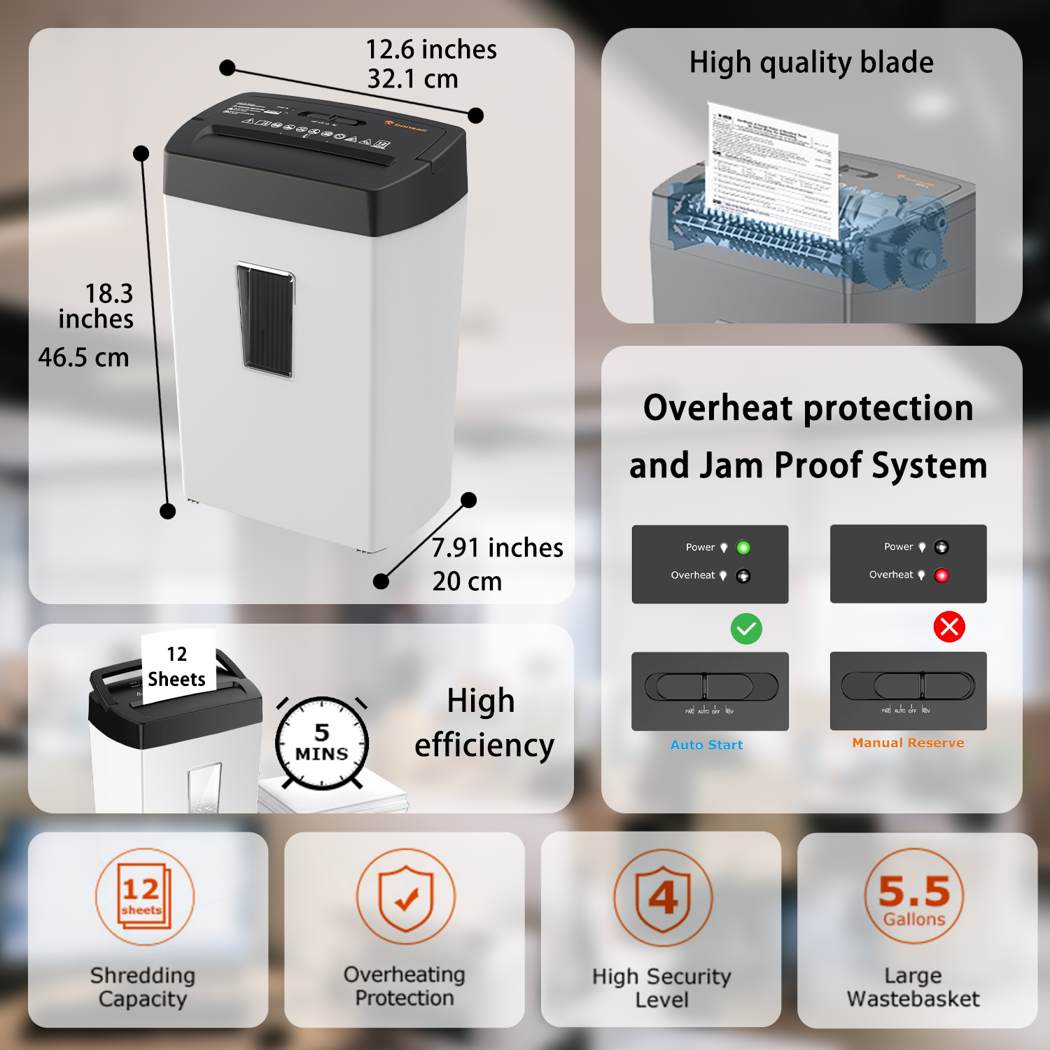 Bonsaii 12-Sheet Crosscut Paper Shredder with 5.5 Gallon Bin - P-4 Security Level Heavy Duty Shredder for Home & Office - Destroys Paper, Credit Cards, Staples & Mail - White & Black with Viewing Window | Perfect for Document Security, Identity Protection & Office Organization