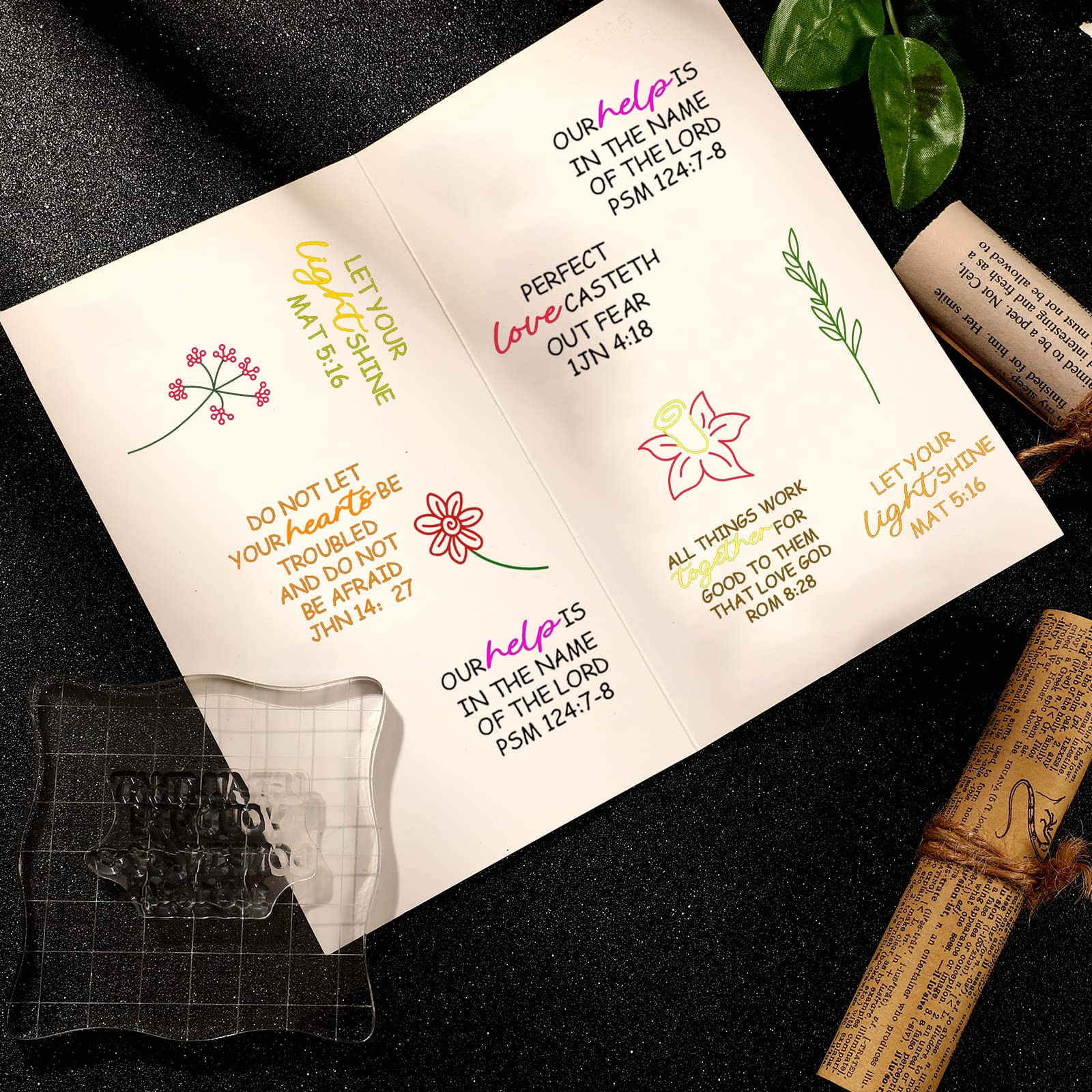 4 Sheets Clear Bible Verse Stamps for Scrapbooking - Acrylic Christian Craft Stamps with 2 Rubber Blocks & Grid Lines - DIY Card Making, Journaling, Bible Study (Classic Style)
