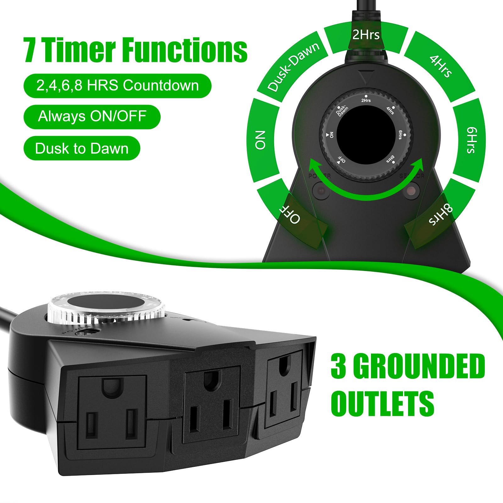 Outdoor Light Sensor Timer - 24 Hour Heavy Duty Waterproof Electrical Outlet Timer with 2/4/6/8 Hour Countdown Mode, 3 Grounded Outlets for Garden, Backyard & Home Use (2 Pack) - Perfect for Landscape Lighting, Holiday Decorations & Automatic Irrigation Systems