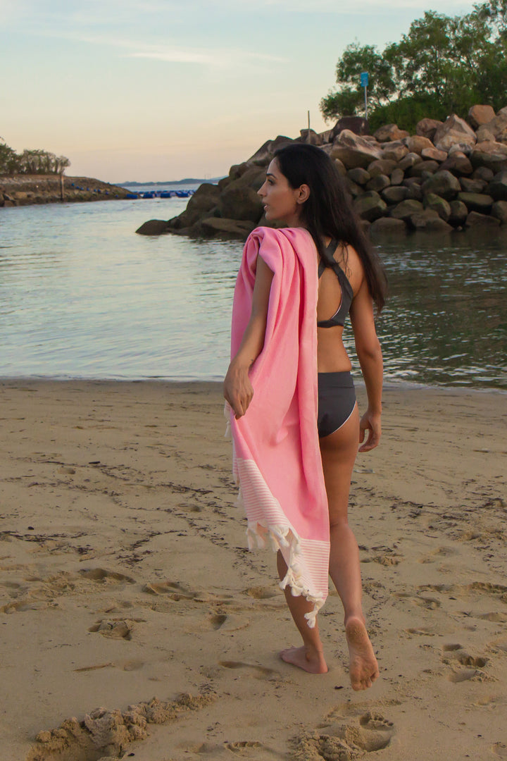 Premium Turkish Cotton Beach Towel - Santis Collection in Beige & Black - Perfect for Pool, Spa, Travel and Yoga