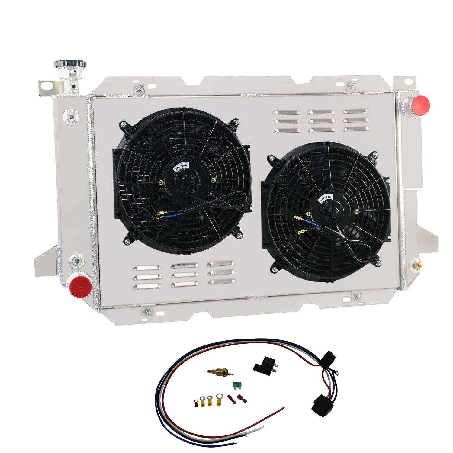 3 Row Aluminum Radiator Shroud Fan Relay Kit for 1985-1997 Ford Bronco F150 F250 F350 Super Duty F53 with 5.0L 5.8L 7.3L V8 Engine - Heavy Duty Cooling Upgrade for Off-Road & Towing