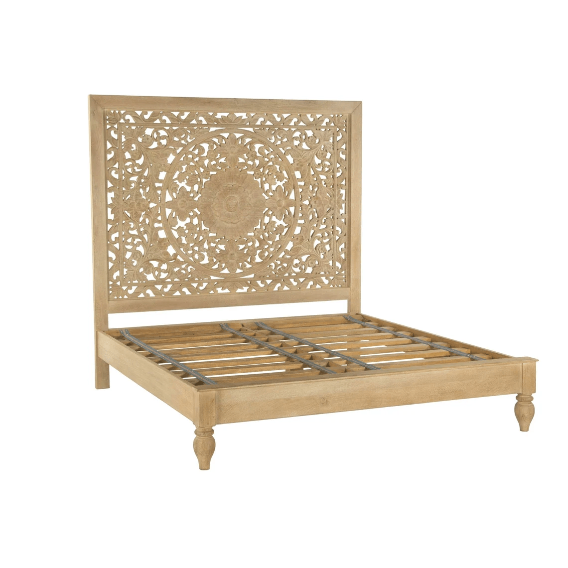 Hand Carved Solid Wood Bed Frame with Headboard - Indian Style Queen/King Size Bed - Perfect for Master Bedroom, Guest Room & Farmhouse Decor
