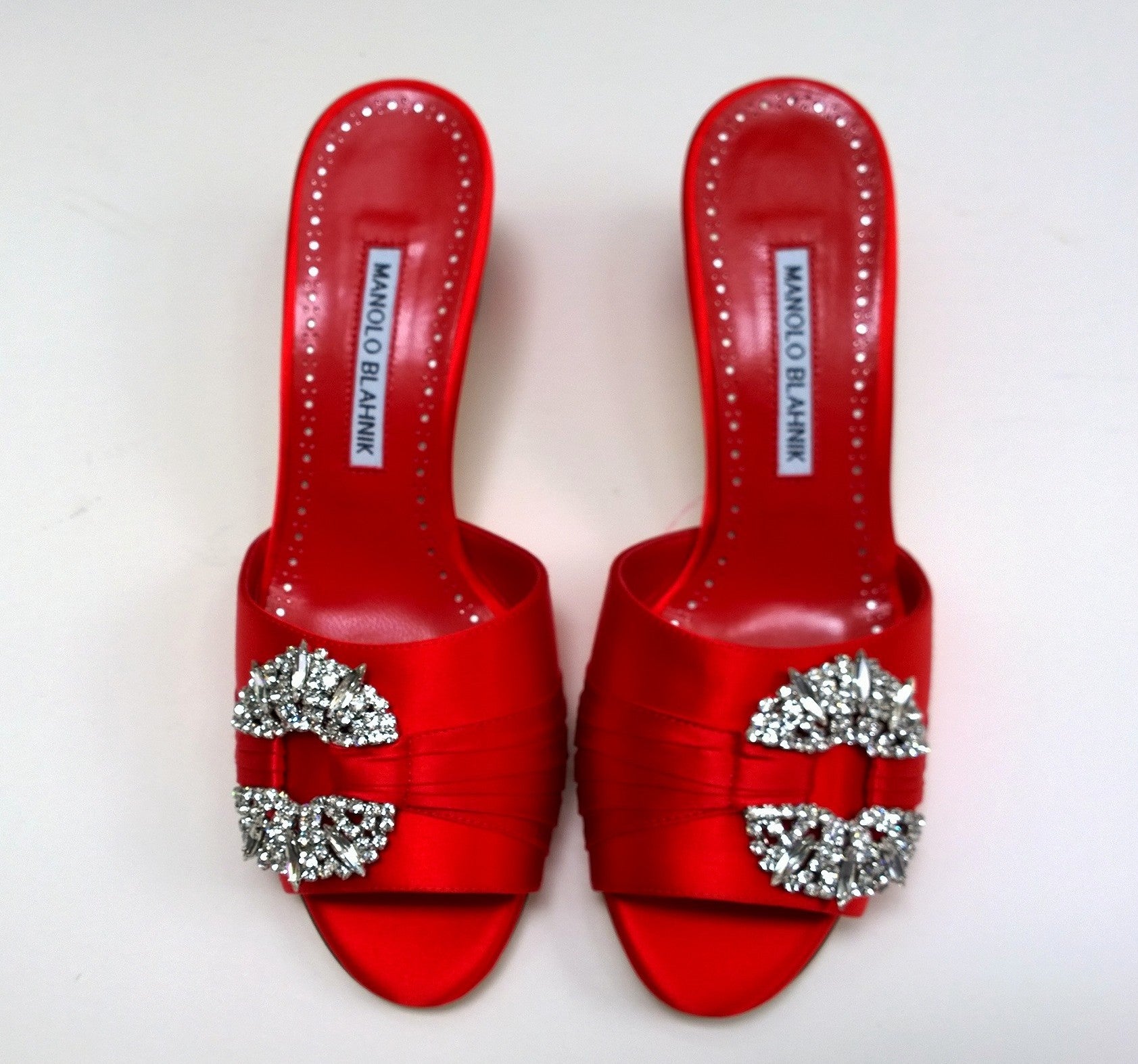 Manolo Blahnik Prinap 50 Bright Red Satin Rhinestone Sandals - Women's Luxury Evening Slides for Parties, Weddings & Special Occasions