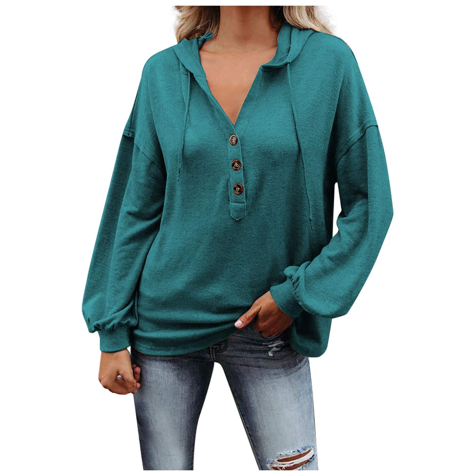 Women's Casual Solid Color Pullover Hoodie with Drawstring & Button Detail - Cozy Autumn Winter Sweatshirt for Lounge, Travel & Outdoor Activities