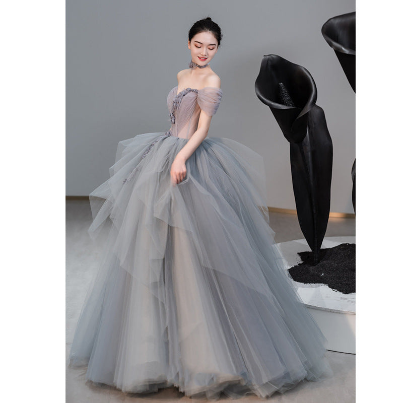 Elegant Off Shoulder Fluffy Ball Gown - Blue Gray Tulle Formal Dress for Prom, Evening Gala & Special Occasions | Women's Party Wear 706