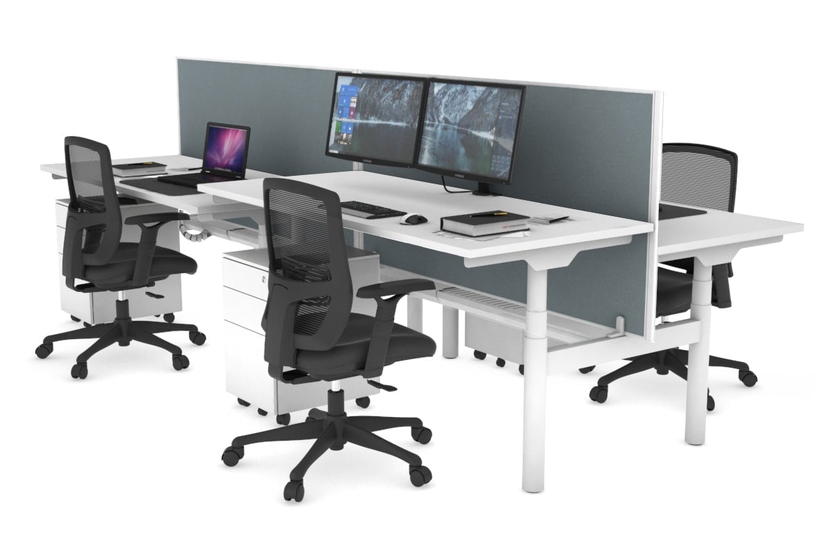 Flexi Premium Height Adjustable 4-Person H Bench Workstation - White Frame [1400L x 700W] - Ergonomic Office Desk for Collaborative Workspaces & Coworking Environments