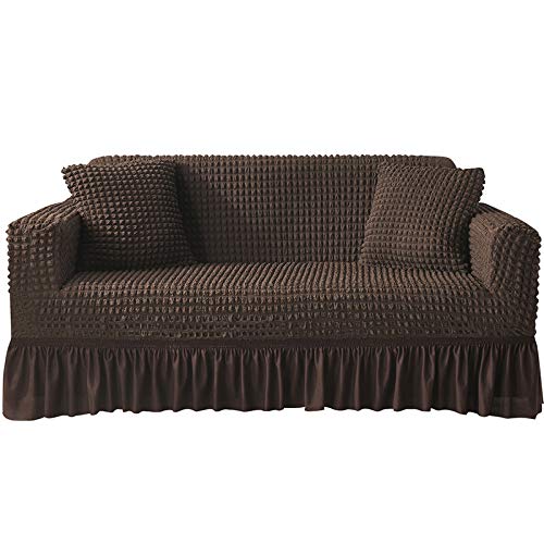 Stretchable Jacquard Sofa Slipcover with Skirt - Washable, Durable Furniture Protector for Couches & Loveseats - Deep Brown Lattice Design | Perfect for Living Room, Family Room & Home Decor