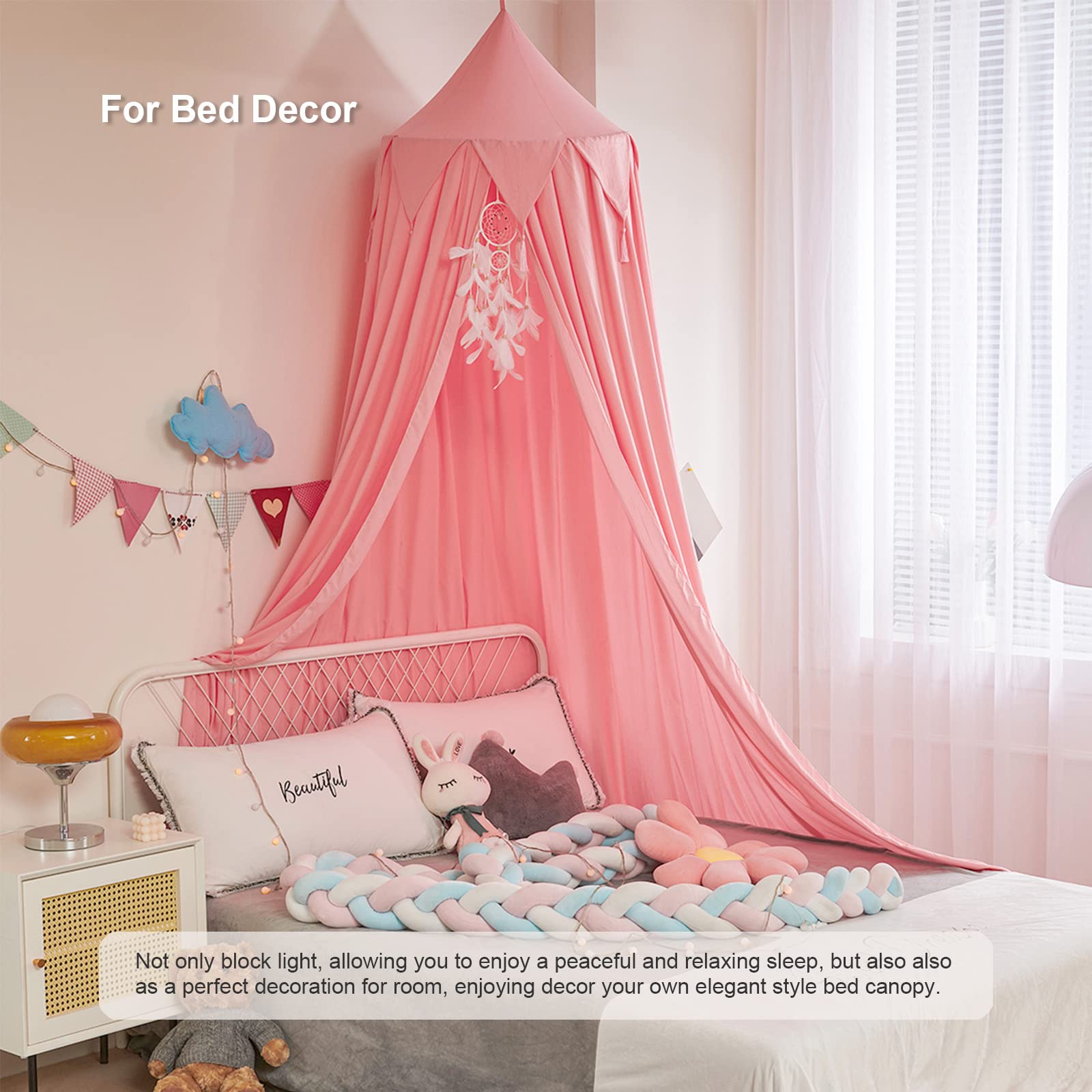 Girls Bed Canopy - Pink Castle Tent for Queen Size Bed, Reading Nook Decor