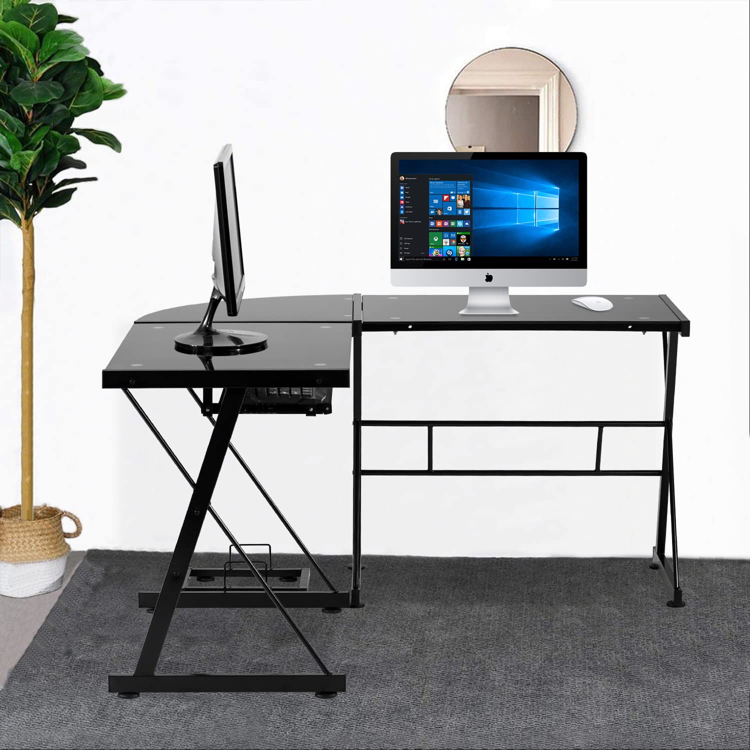 Black L-Shaped Corner Computer Desk with Tempered Glass Top - Home Office Gaming Workstation, Study Writing Table with Keyboard Tray & CPU Stand - Perfect for Small Spaces & Multi-Monitor Setups