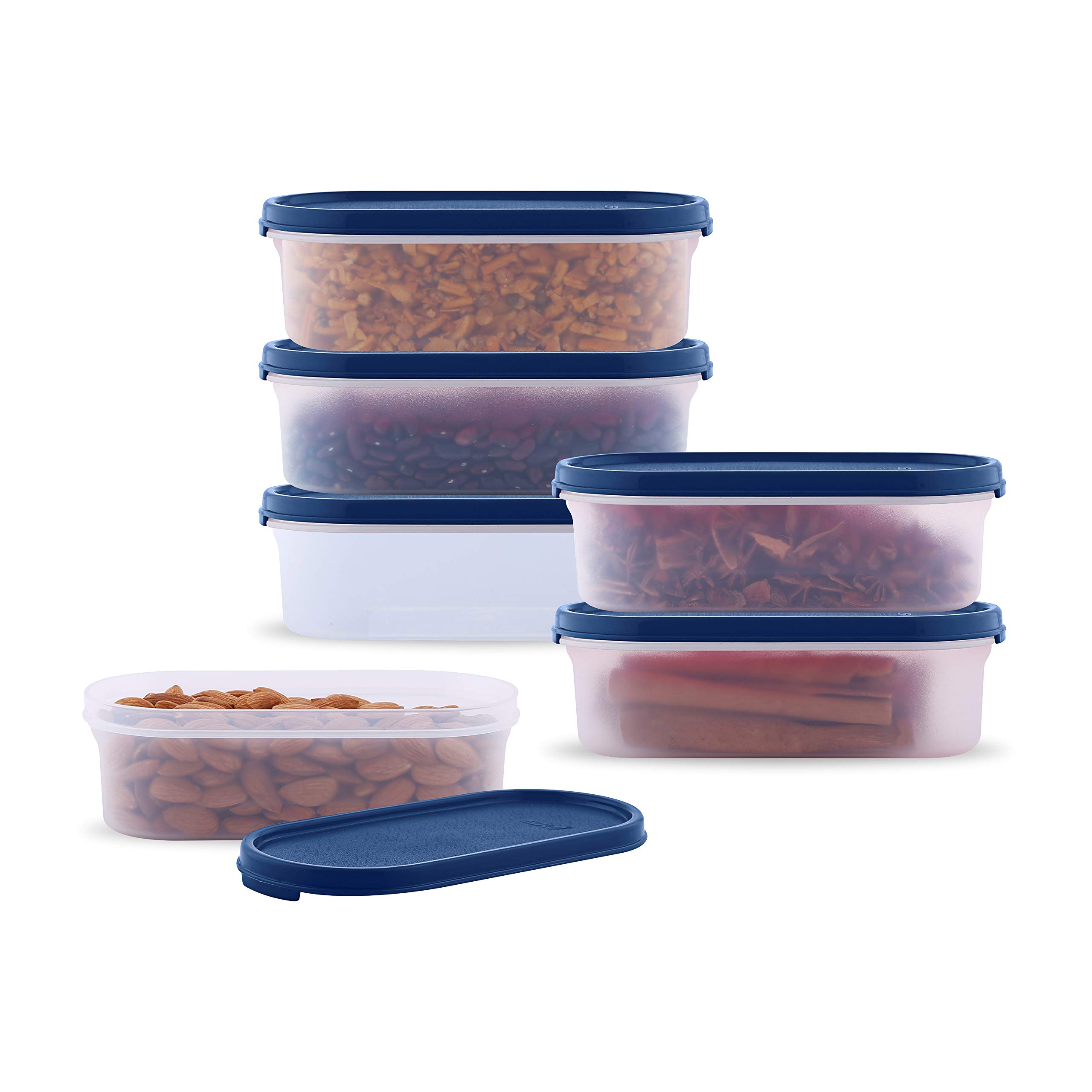 SKY Oval Airtight Food Storage Containers Set - 6-Piece Modular Kitchen Organizer (600ml x6) for Rice, Flour, Sugar, Cereals & Snacks - Stackable, Space-Saving Blue Containers - Perfect for Pantry, Countertop & Meal Prep Organization