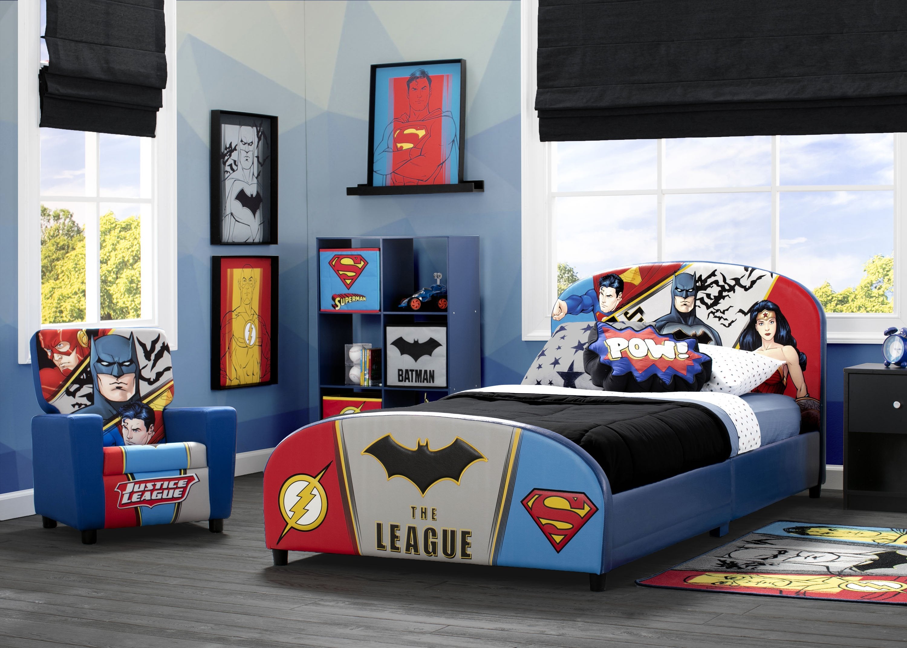 DC Comics Justice League Superheroes Twin Bed with Upholstered Headboard - Perfect for Kids' Bedroom & Superhero Themed Decor