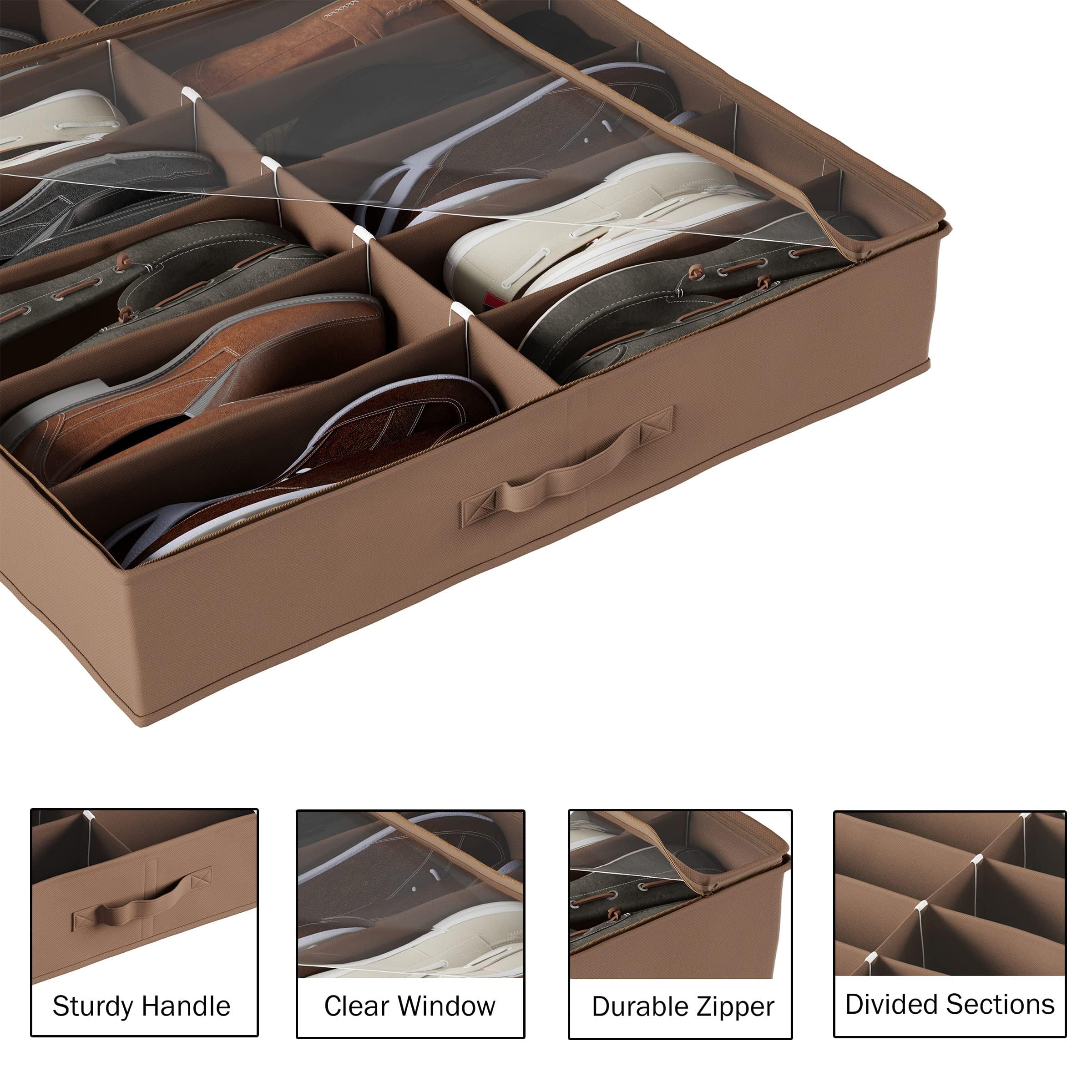 Under Bed Shoe Storage Organizer - Set of 4 Clear Zippered Shoe Boxes Holds 12 Pairs Each - Space Saving Closet & Bedroom Organization Solution by Everyday Home (Brown) - Perfect for Small Spaces, Dorm Rooms & Seasonal Shoe Storage