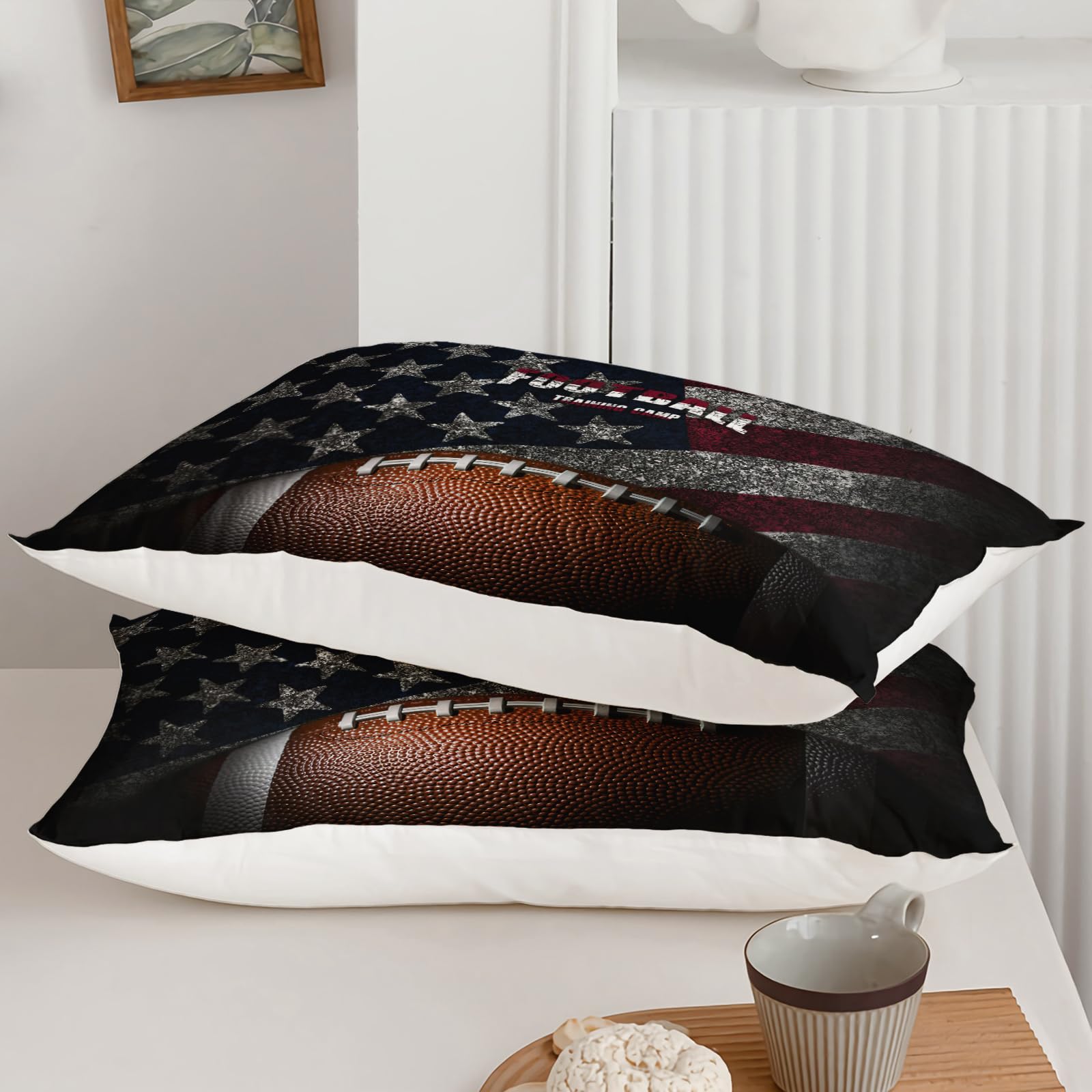 American Flag Football Fitted Sheet Queen Size - Axolotl Sports Bedding Set for Kids & Teens (1 Flat Sheet, 1 Fitted Sheet, 2 Pillowcases) - Perfect for Football, Rugby Fans' Bedrooms & Dorm Rooms